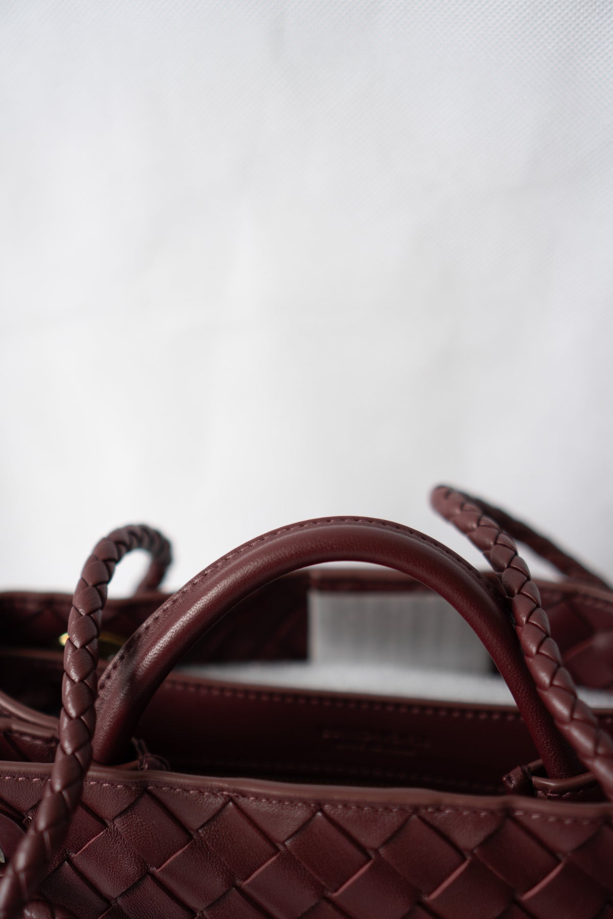 Small Woven Top Handle Bag – Burgundy Nappa Leather  Details: