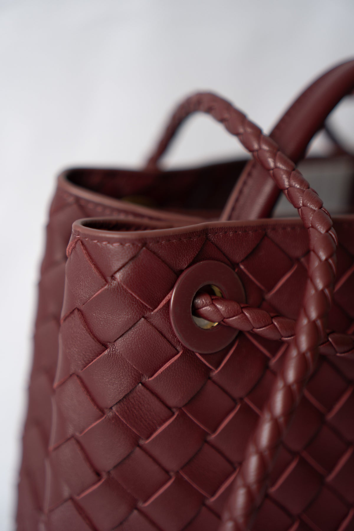 Small Woven Top Handle Bag – Burgundy Nappa Leather  Details: