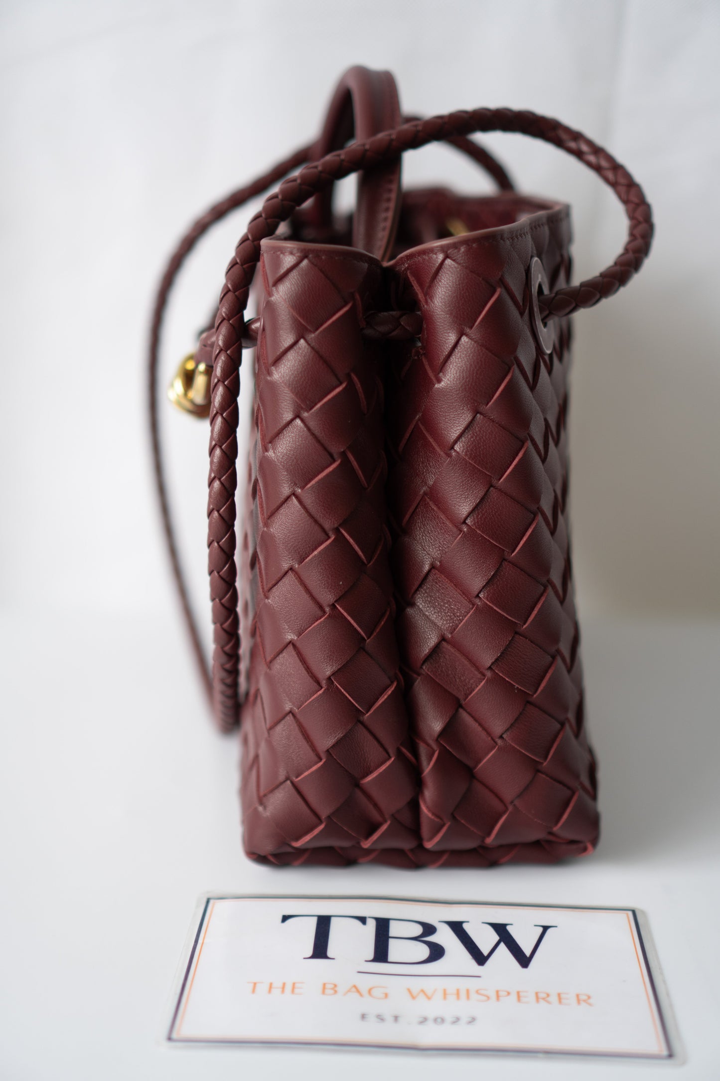 Small Woven Top Handle Bag – Burgundy Nappa Leather  Details: