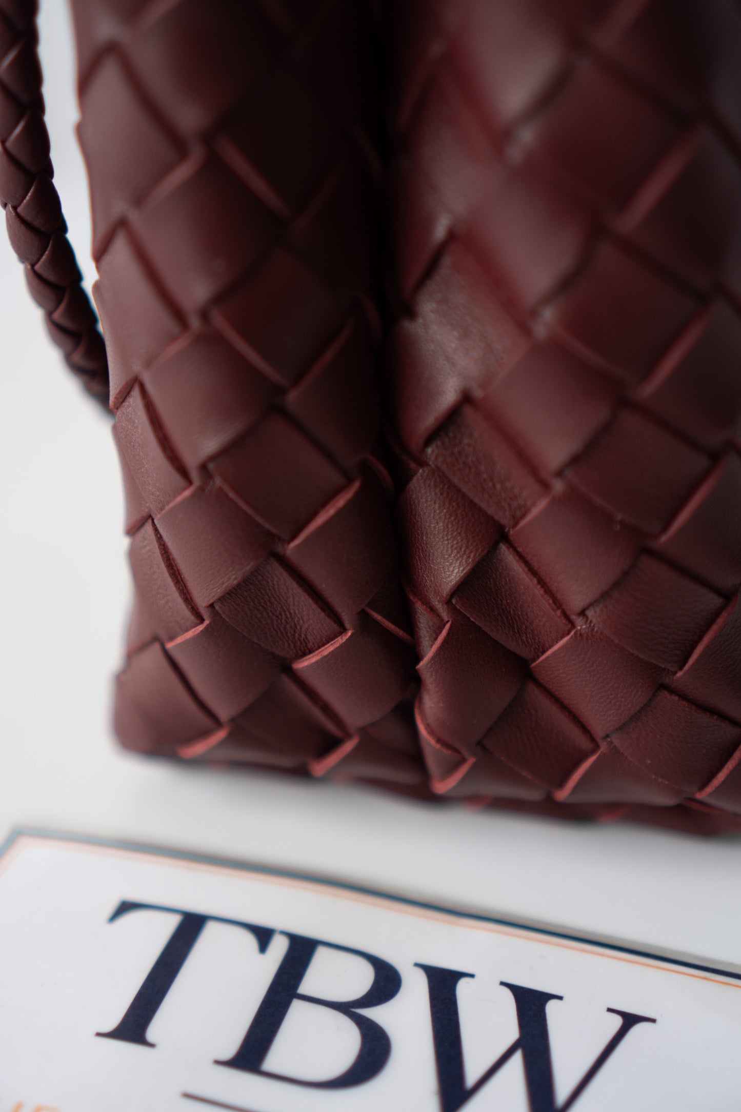Small Woven Top Handle Bag – Burgundy Nappa Leather  Details: