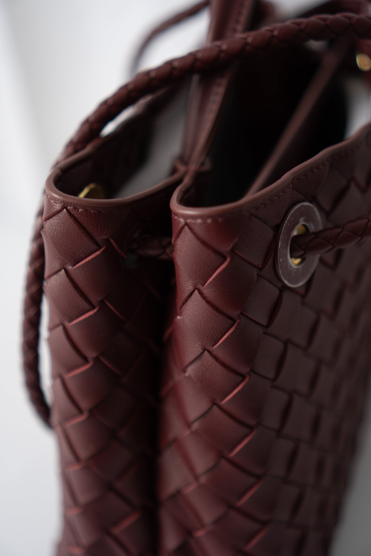 Small Woven Top Handle Bag – Burgundy Nappa Leather  Details: