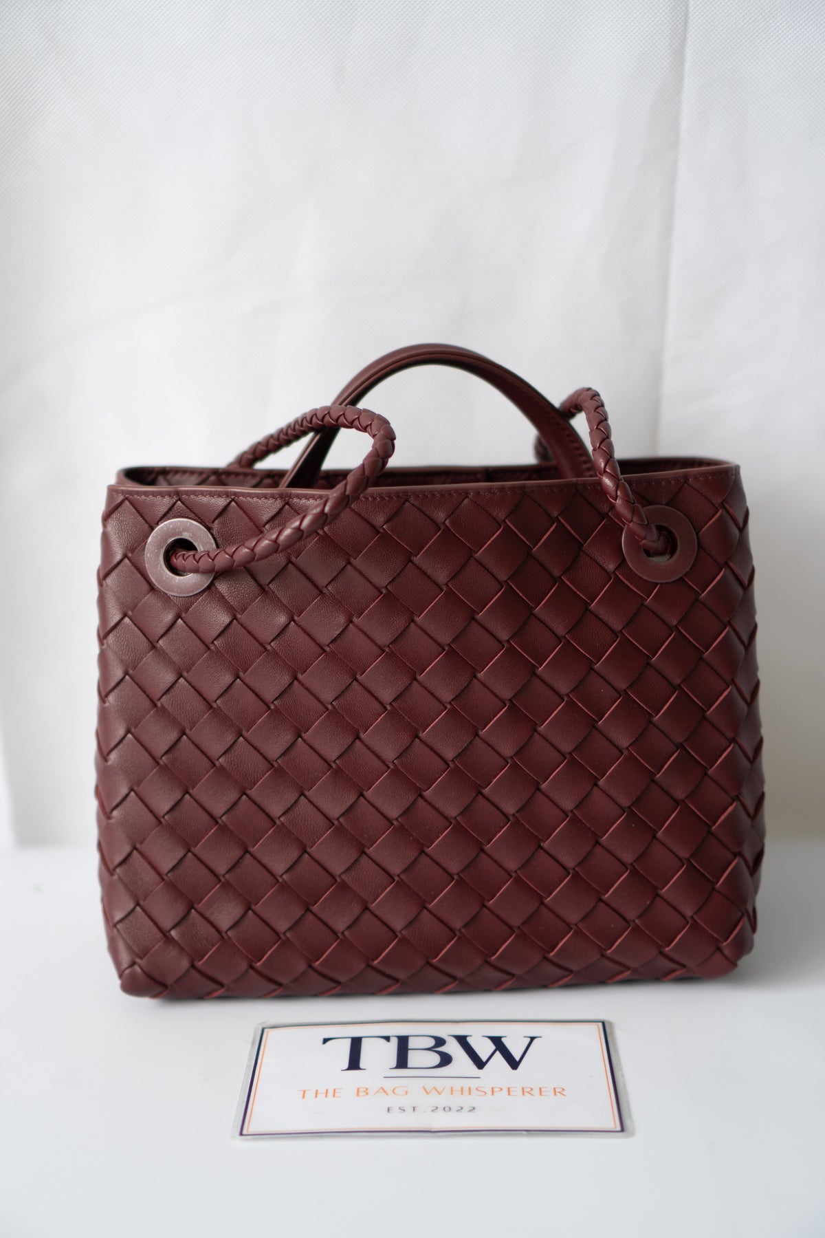 Small Woven Top Handle Bag – Burgundy Nappa Leather  Details: