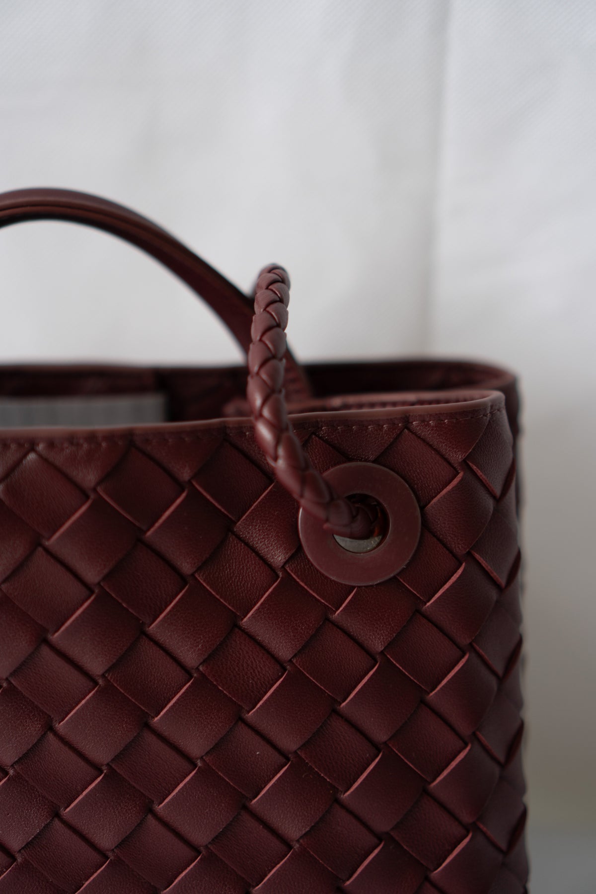 Small Woven Top Handle Bag – Burgundy Nappa Leather  Details: