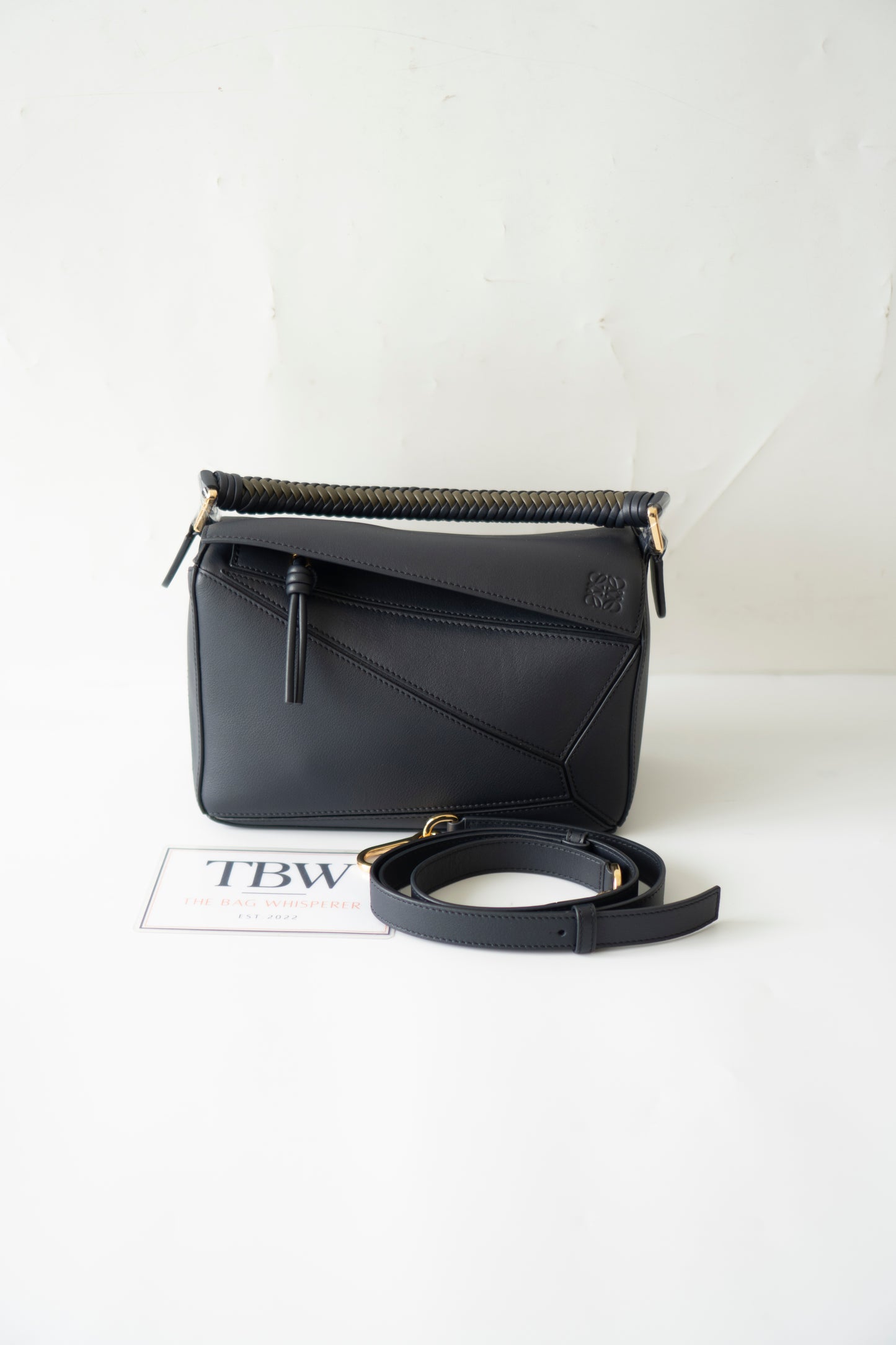 Puzzle Bag with Woven Top Handle in Dark Ink / Dark Khaki