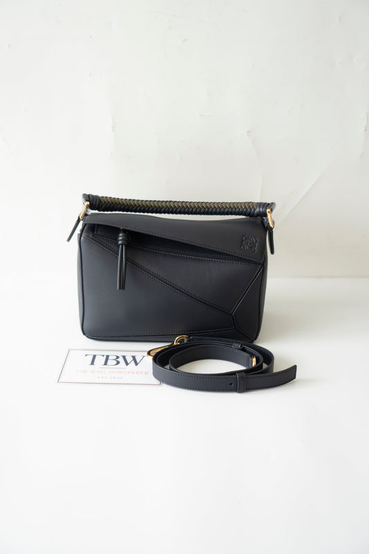 Puzzle Bag with Woven Top Handle in Dark Ink / Dark Khaki