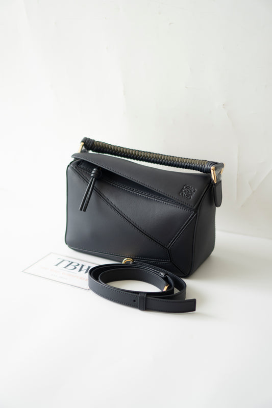 Puzzle Bag with Woven Top Handle in Dark Ink / Dark Khaki