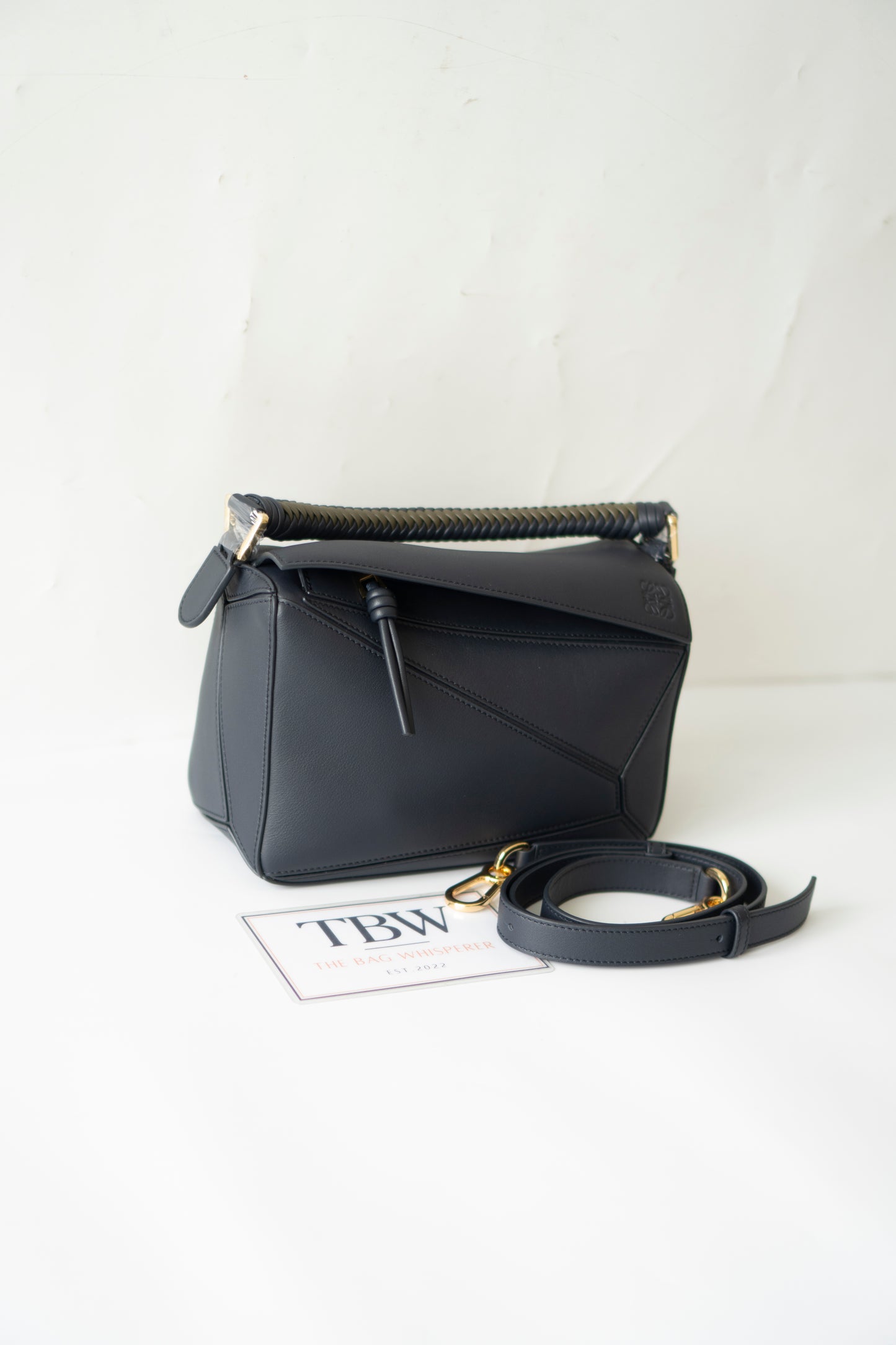 Puzzle Bag with Woven Top Handle in Dark Ink / Dark Khaki