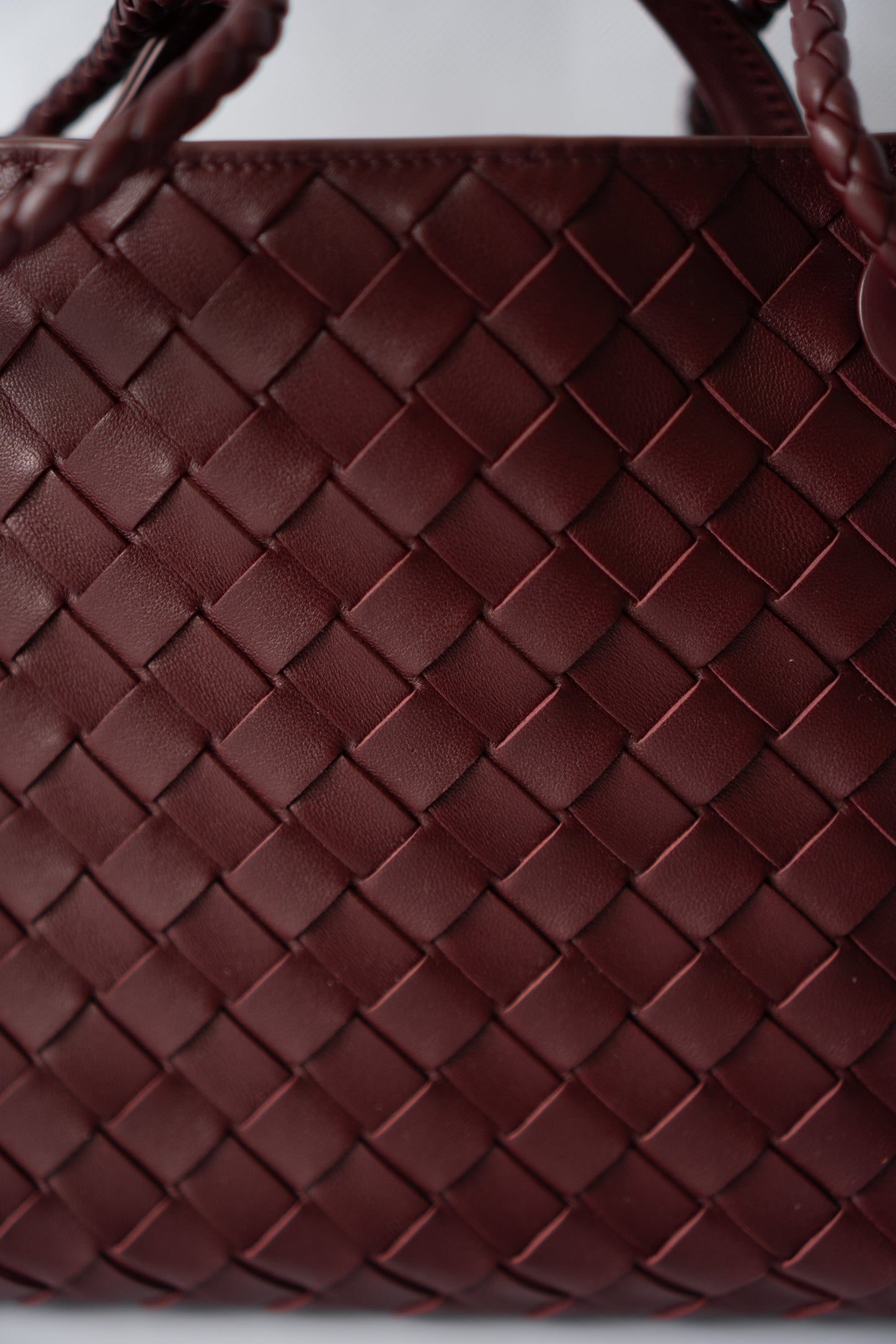Small Woven Top Handle Bag – Burgundy Nappa Leather  Details: