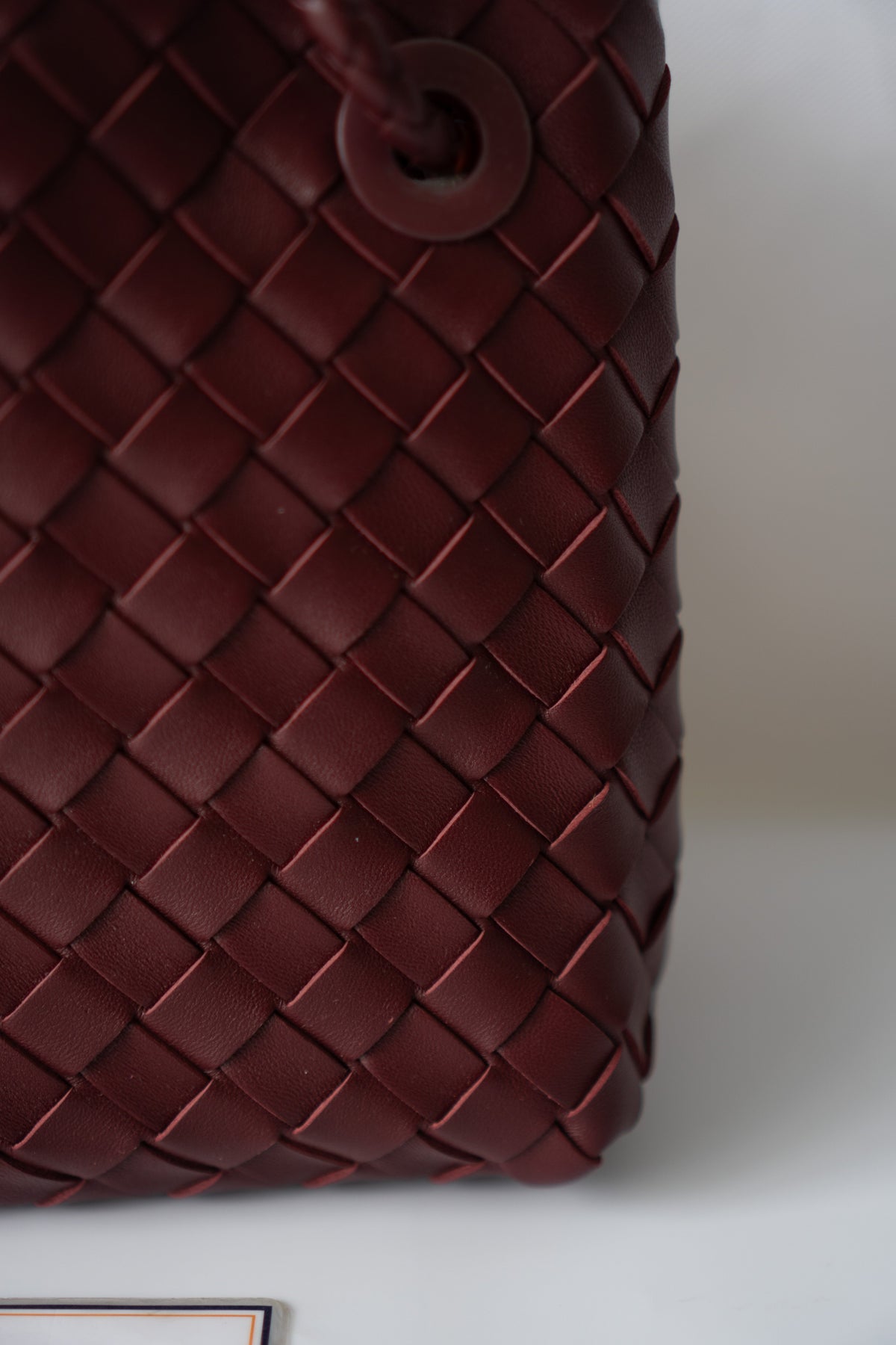 Small Woven Top Handle Bag – Burgundy Nappa Leather  Details: