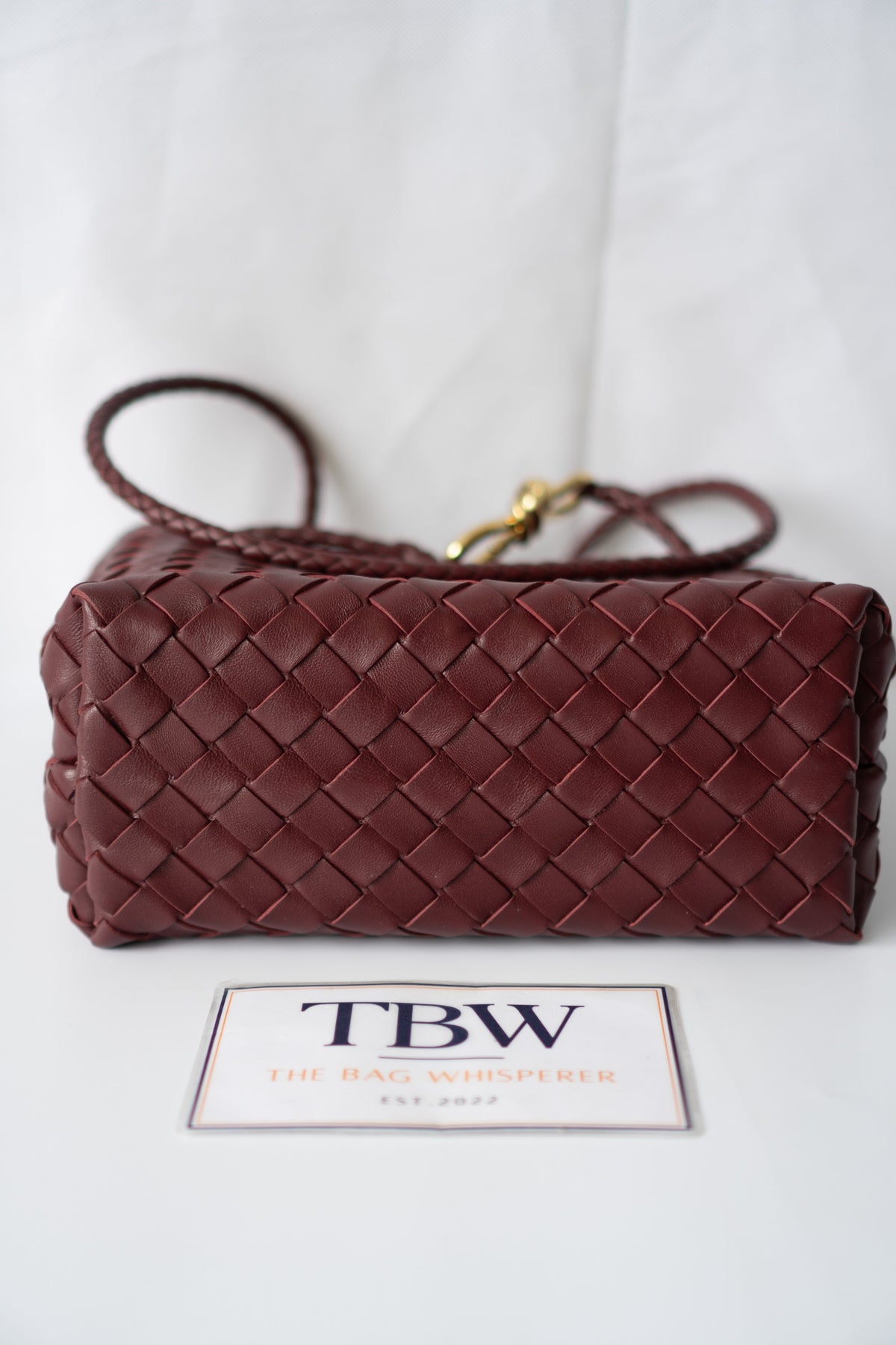 Small Woven Top Handle Bag – Burgundy Nappa Leather  Details: