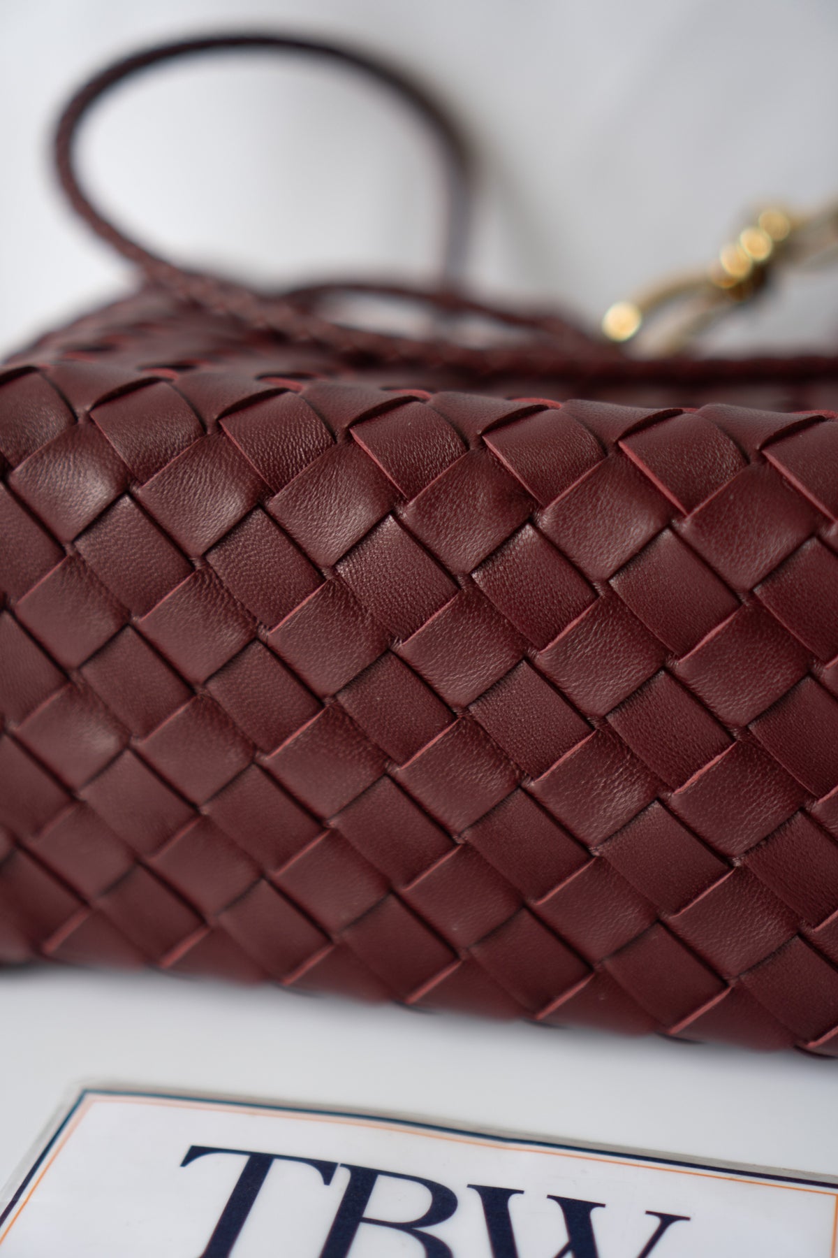 Small Woven Top Handle Bag – Burgundy Nappa Leather  Details: