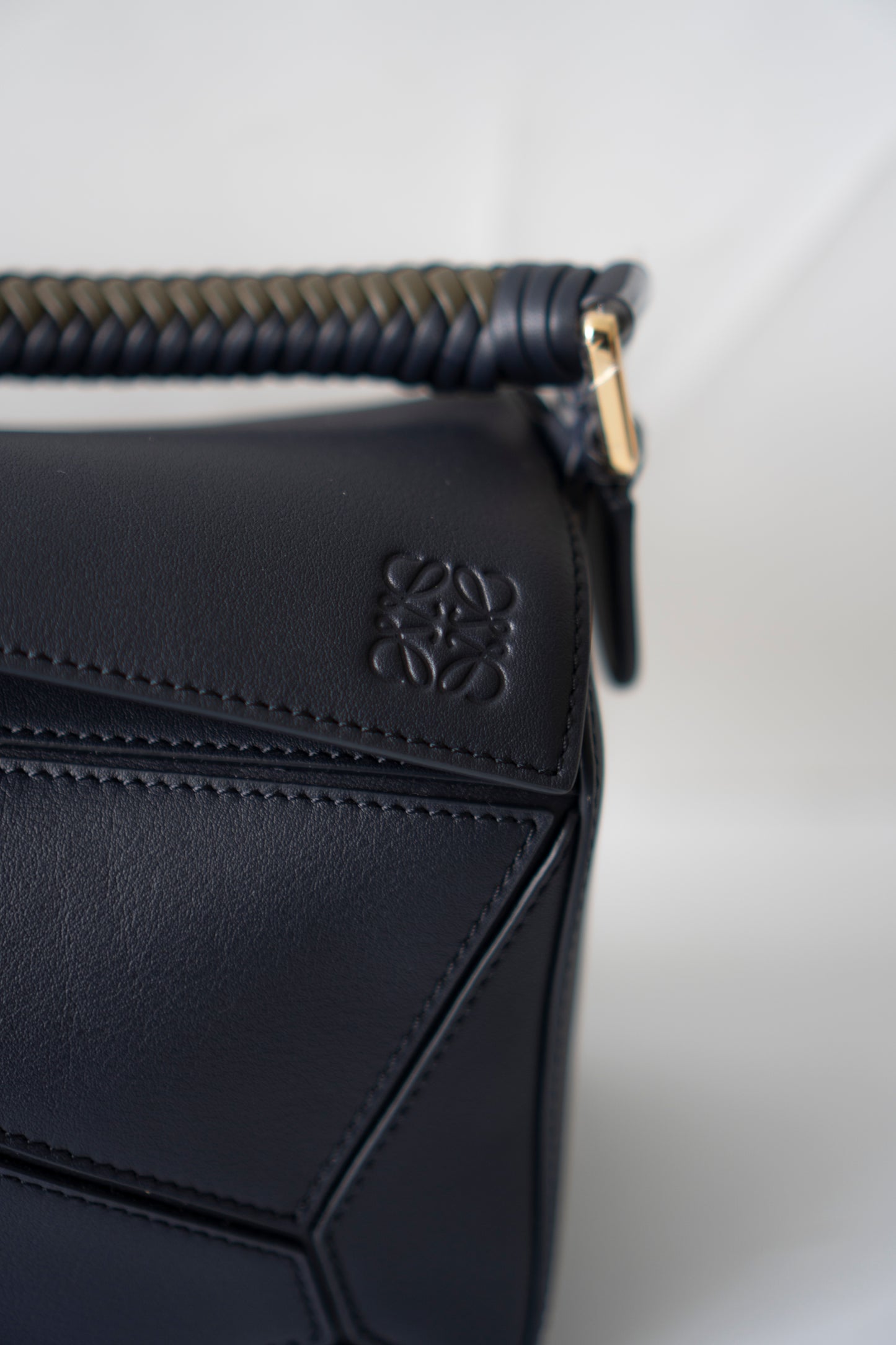 Puzzle Bag with Woven Top Handle in Dark Ink / Dark Khaki