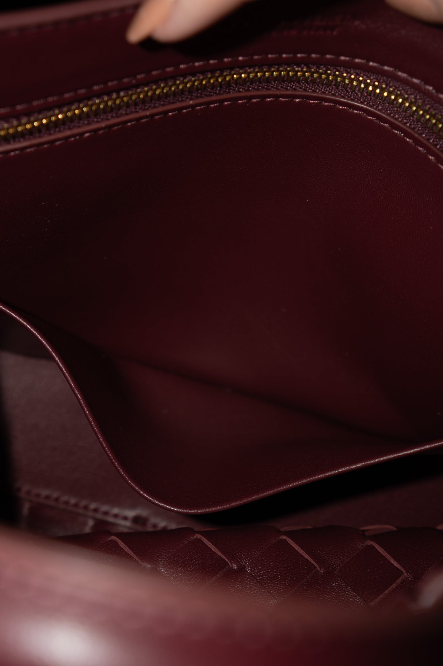 Small Woven Top Handle Bag – Burgundy Nappa Leather  Details: