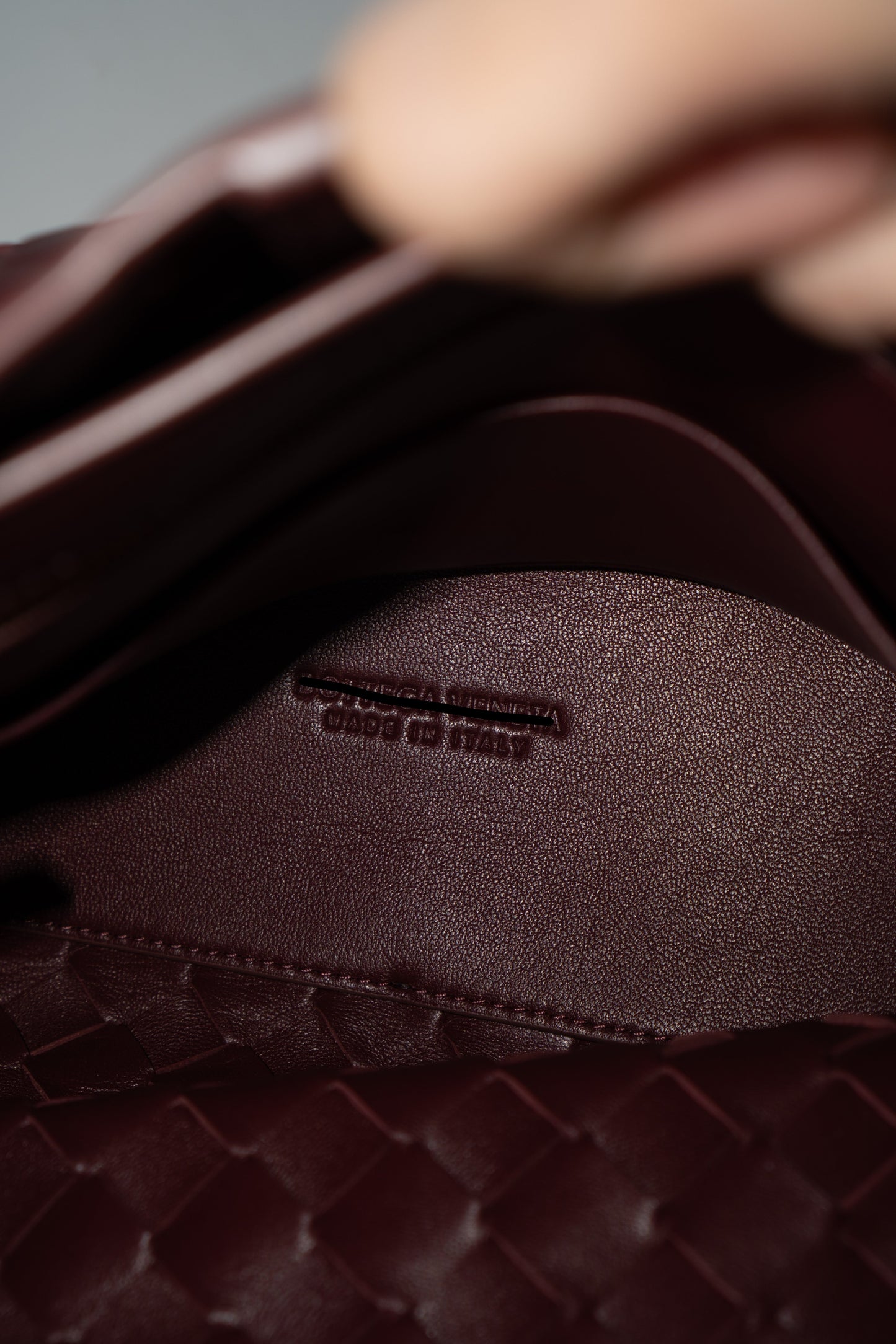 Small Woven Top Handle Bag – Burgundy Nappa Leather  Details: