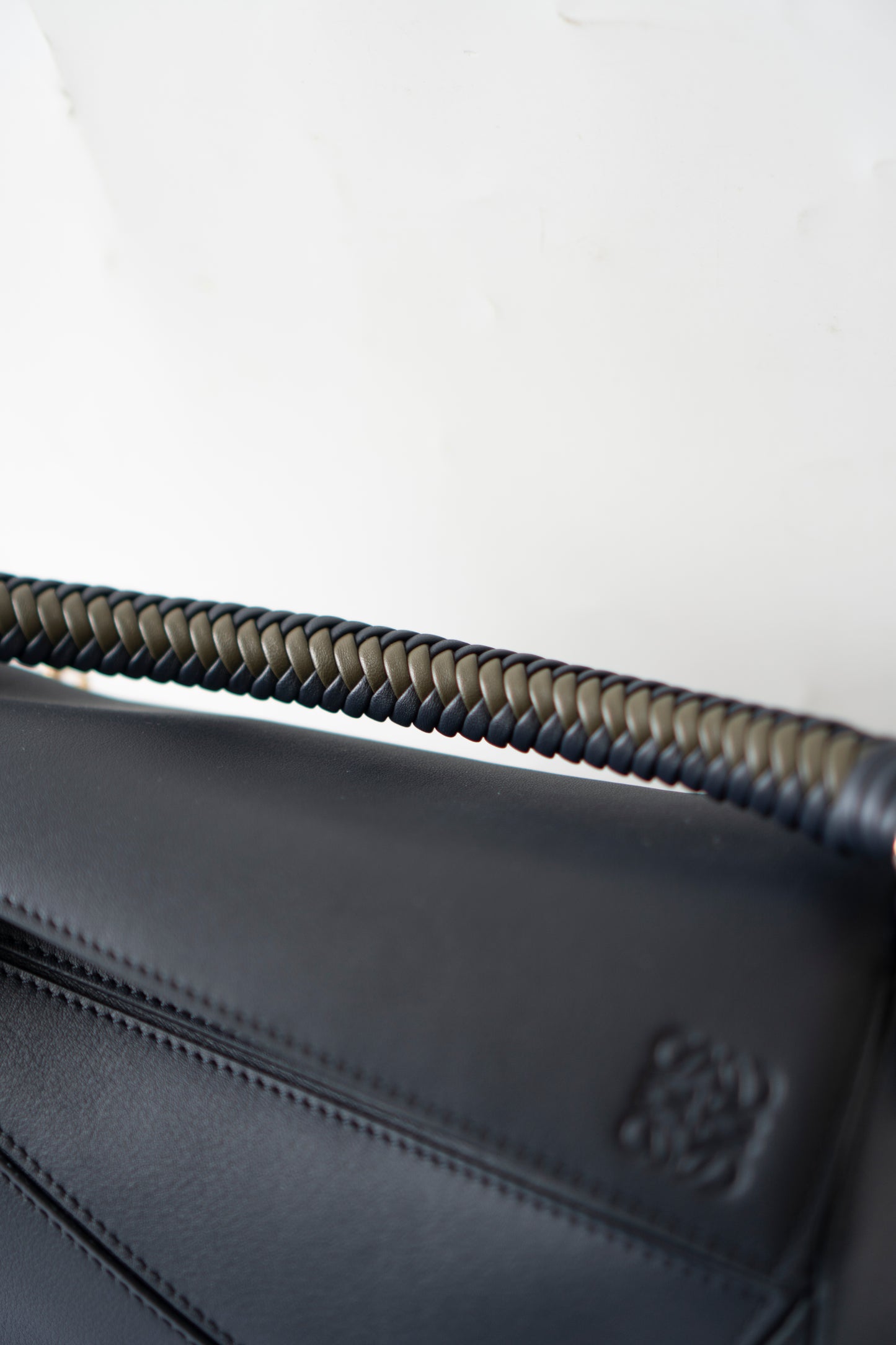 Puzzle Bag with Woven Top Handle in Dark Ink / Dark Khaki