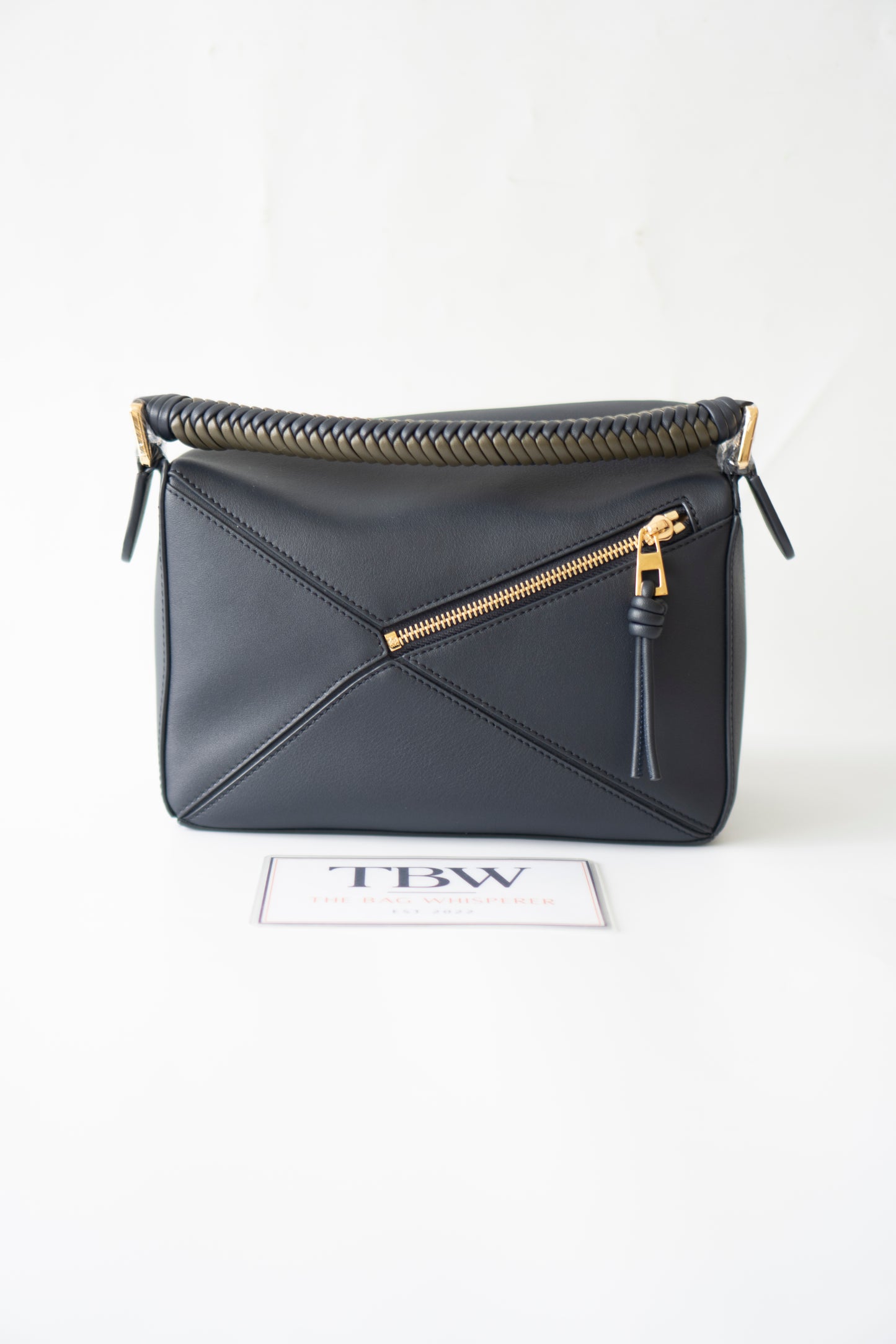 Puzzle Bag with Woven Top Handle in Dark Ink / Dark Khaki