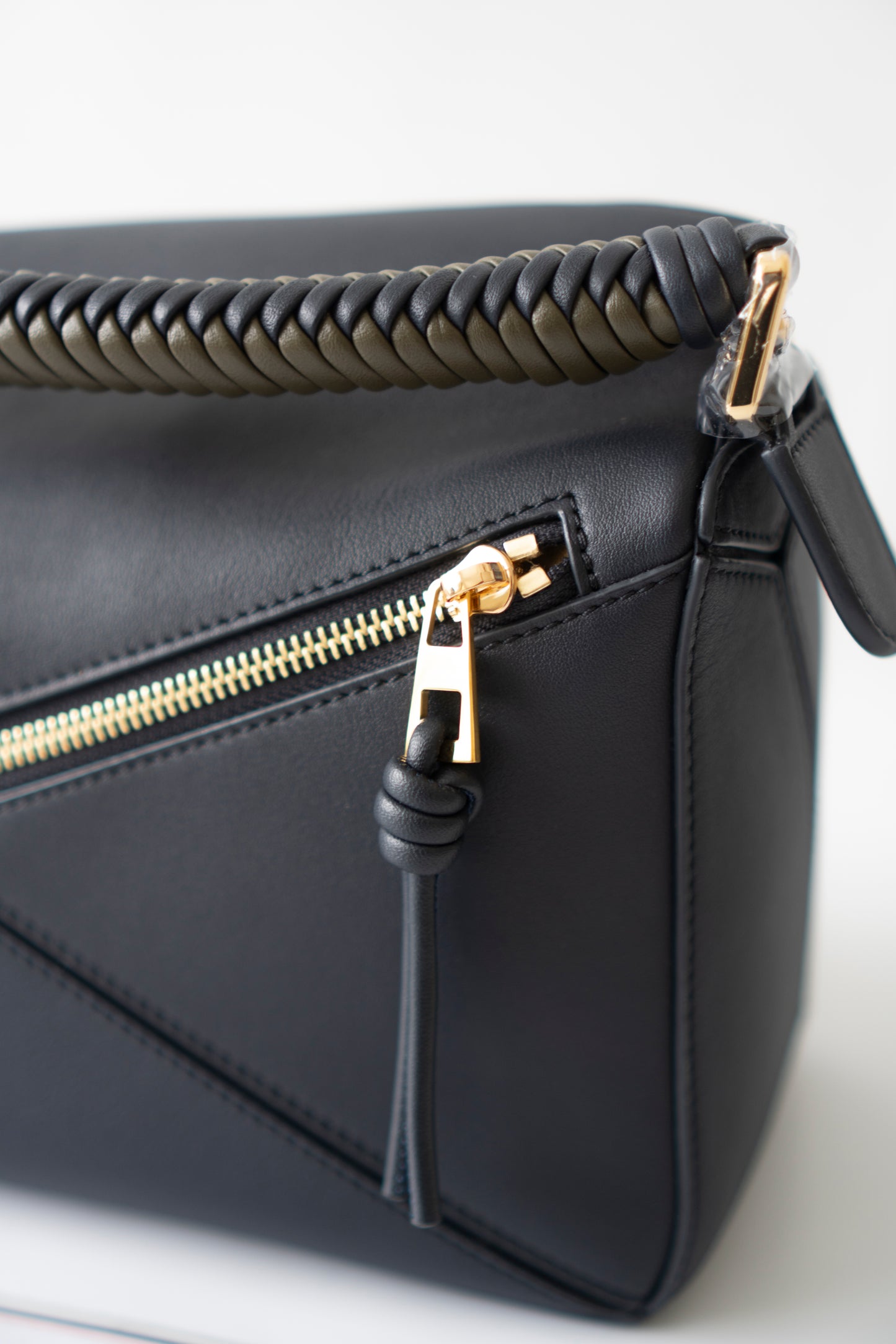 Puzzle Bag with Woven Top Handle in Dark Ink / Dark Khaki