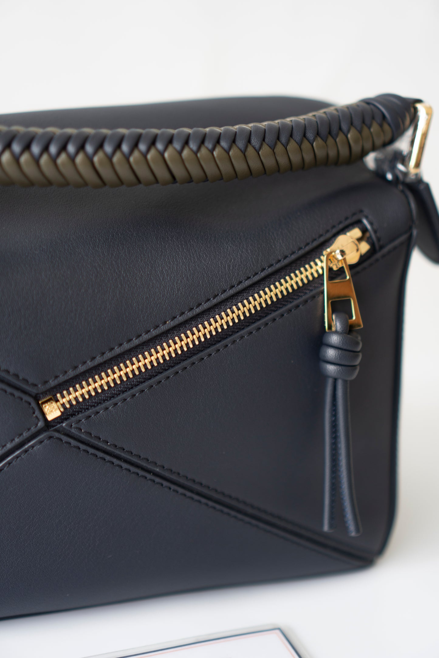 Puzzle Bag with Woven Top Handle in Dark Ink / Dark Khaki