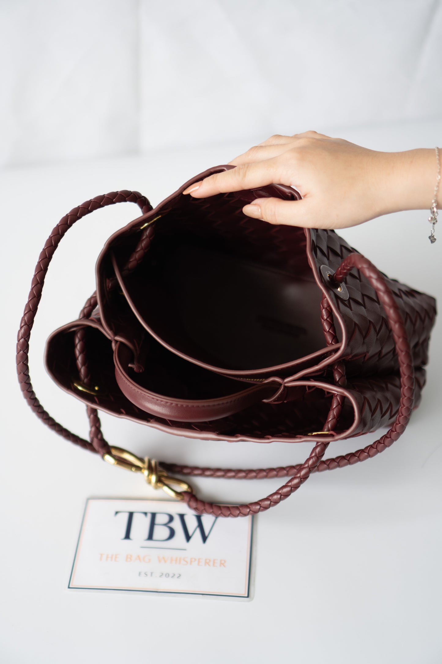 Small Woven Top Handle Bag – Burgundy Nappa Leather  Details: