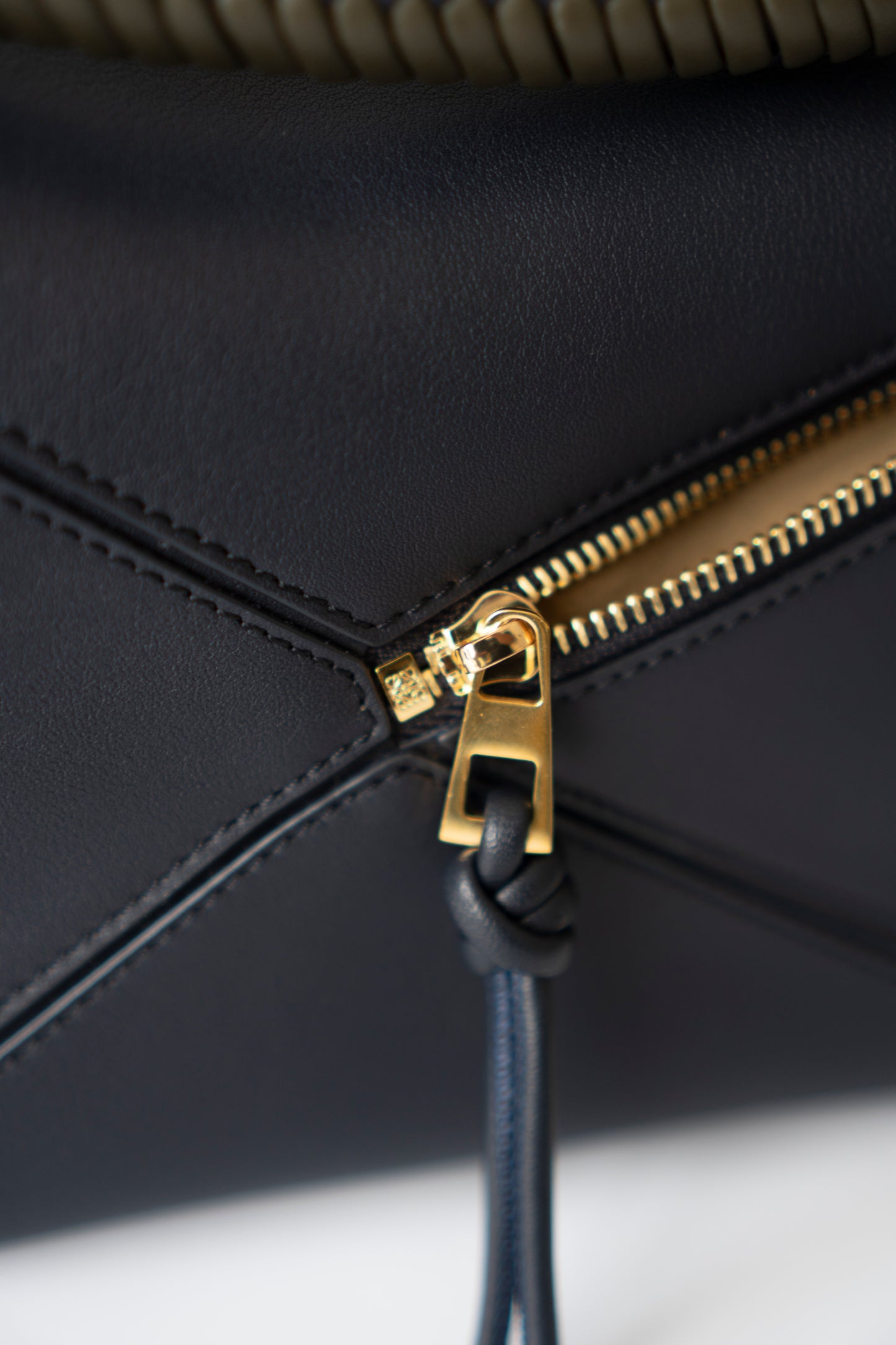 Puzzle Bag with Woven Top Handle in Dark Ink / Dark Khaki