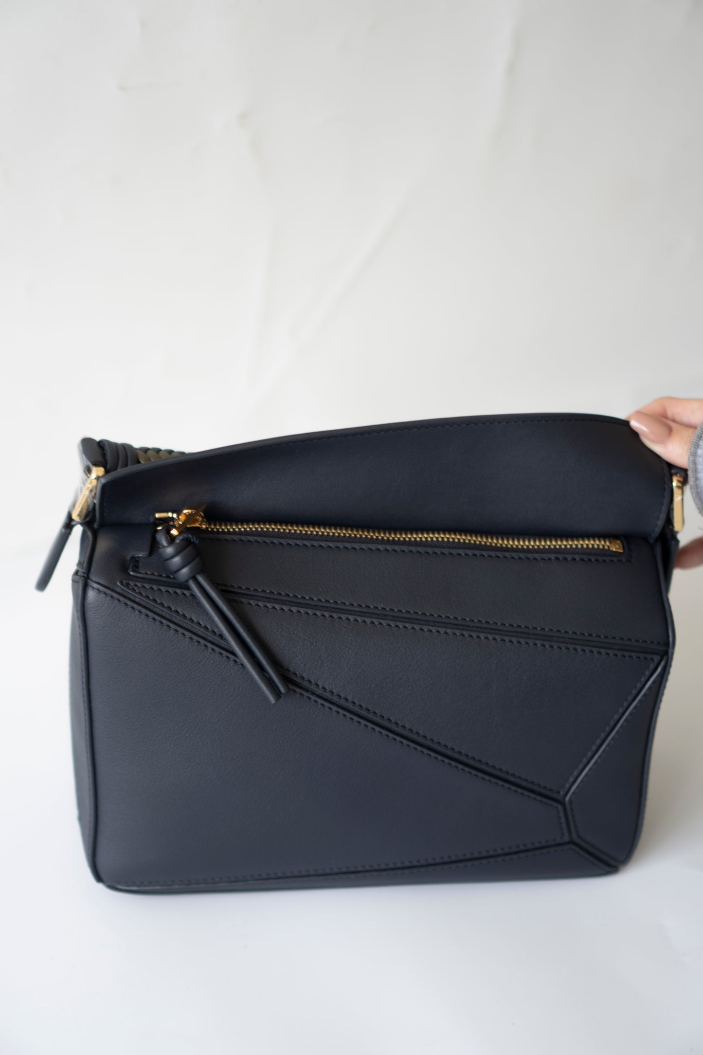 Puzzle Bag with Woven Top Handle in Dark Ink / Dark Khaki