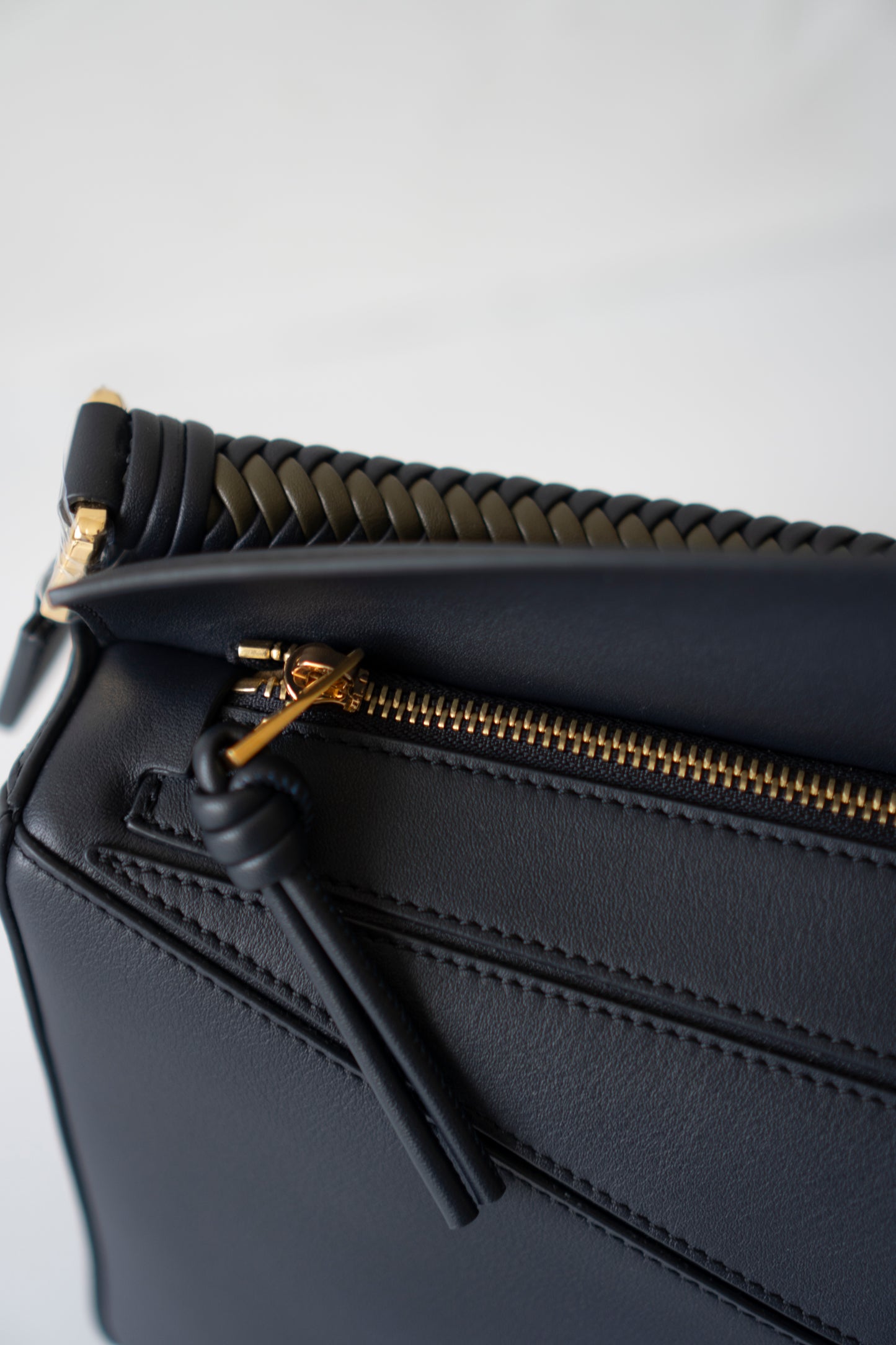 Puzzle Bag with Woven Top Handle in Dark Ink / Dark Khaki