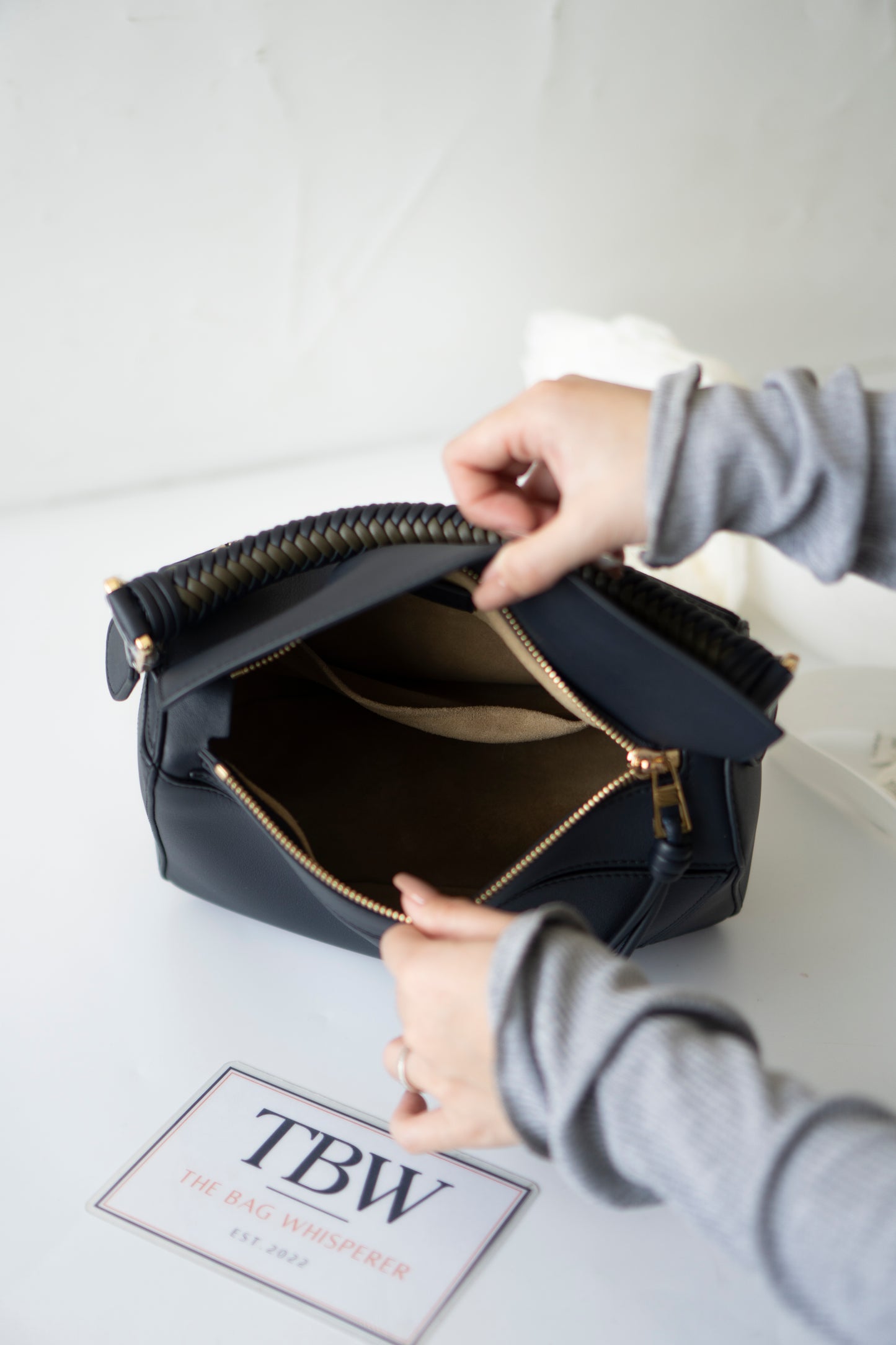 Puzzle Bag with Woven Top Handle in Dark Ink / Dark Khaki