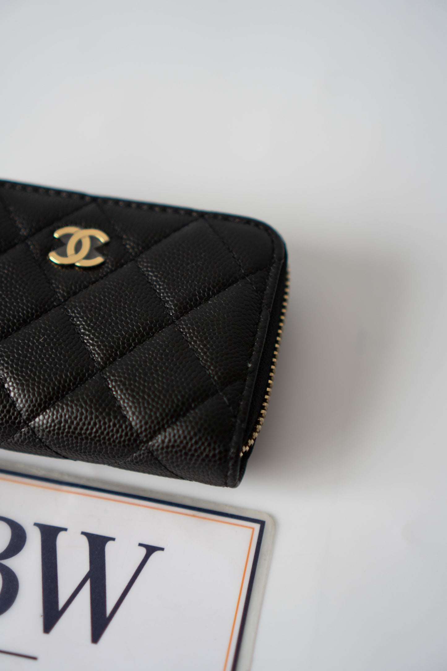 Quilted Zip-Around Card & Coin Wallet – Black Caviar with Gold Hardware