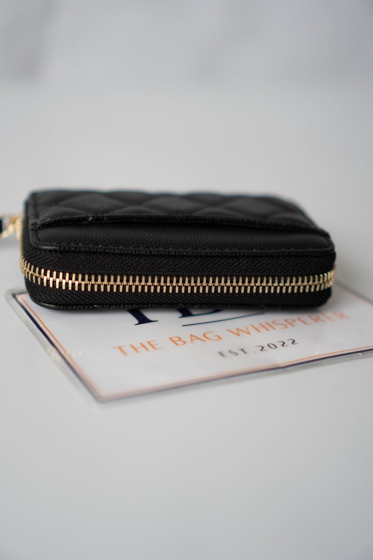 Quilted Zip-Around Card & Coin Wallet – Black Caviar with Gold Hardware