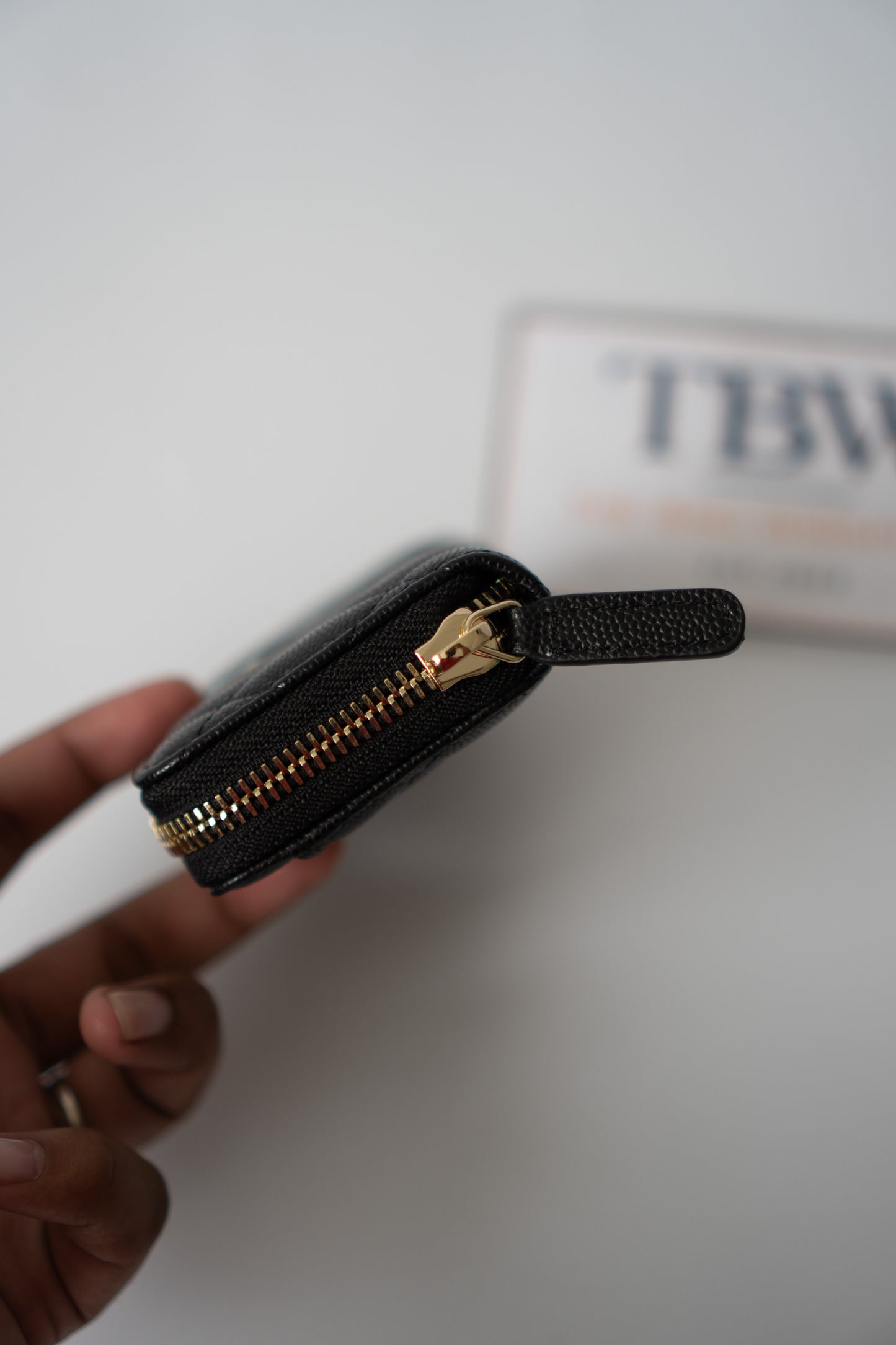 Quilted Zip-Around Card & Coin Wallet – Black Caviar with Gold Hardware