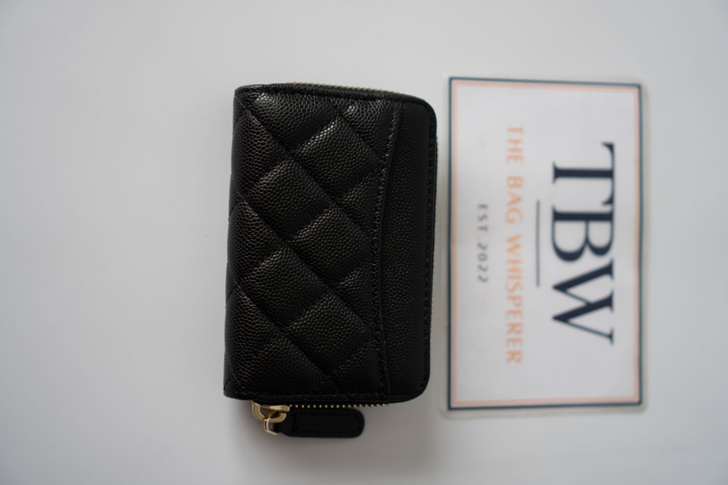 Quilted Zip-Around Card & Coin Wallet – Black Caviar with Gold Hardware