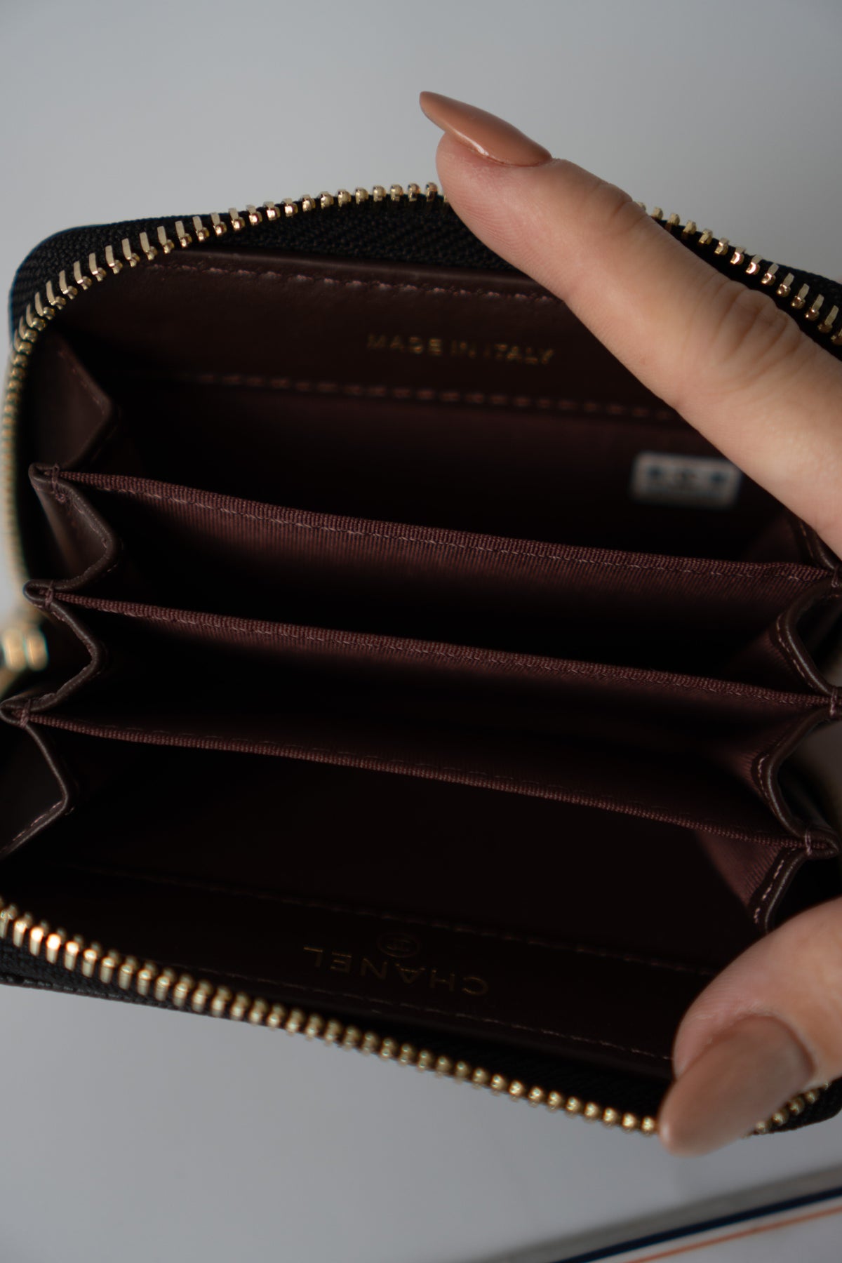 Quilted Zip-Around Card & Coin Wallet – Black Caviar with Gold Hardware