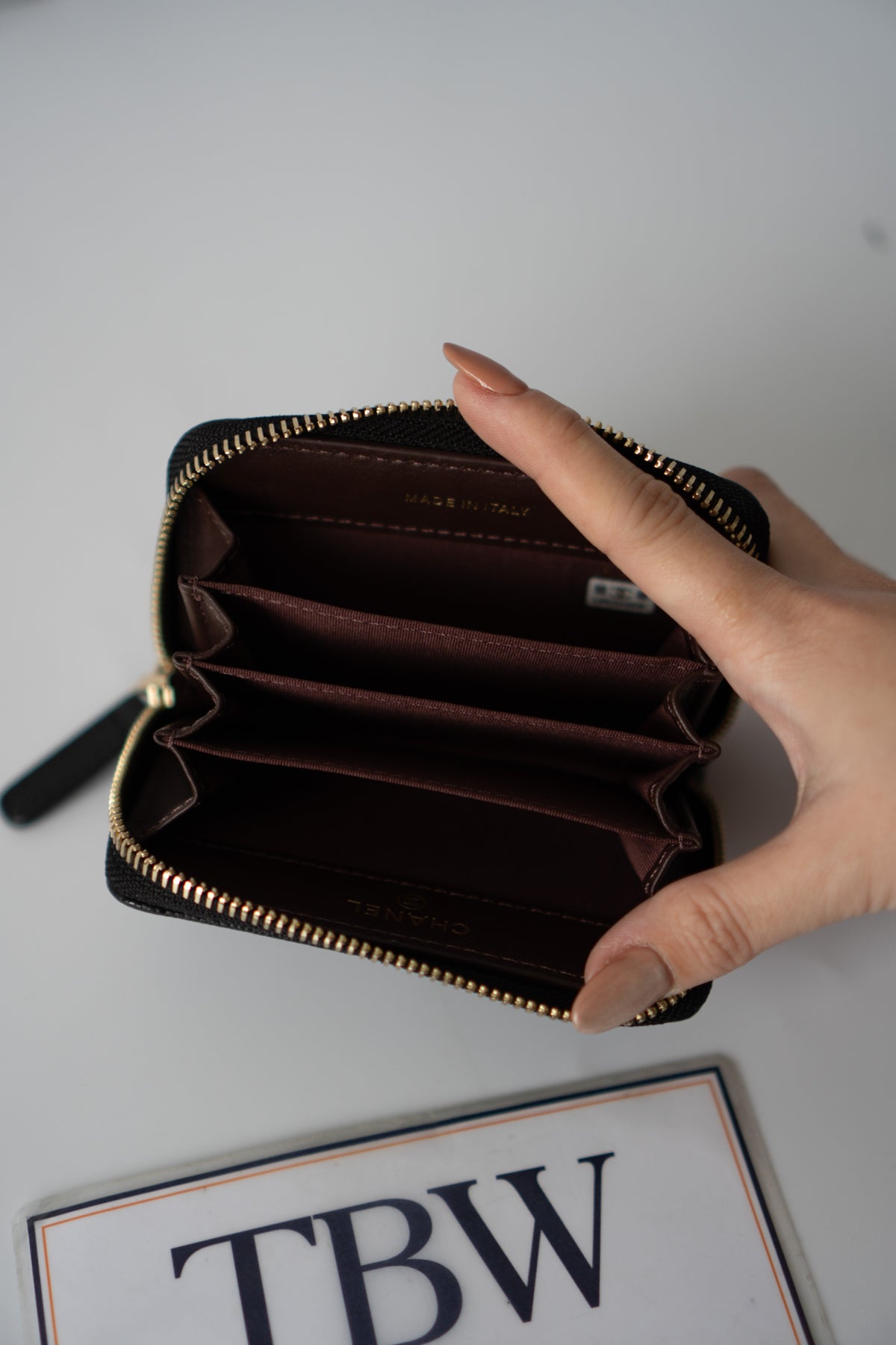 Quilted Zip-Around Card & Coin Wallet – Black Caviar with Gold Hardware