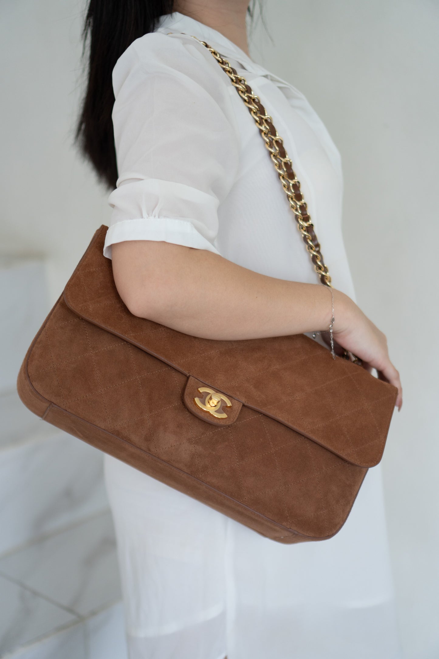 Quilted Maxi Flap Bag – Camel Suede with Gold Hardware