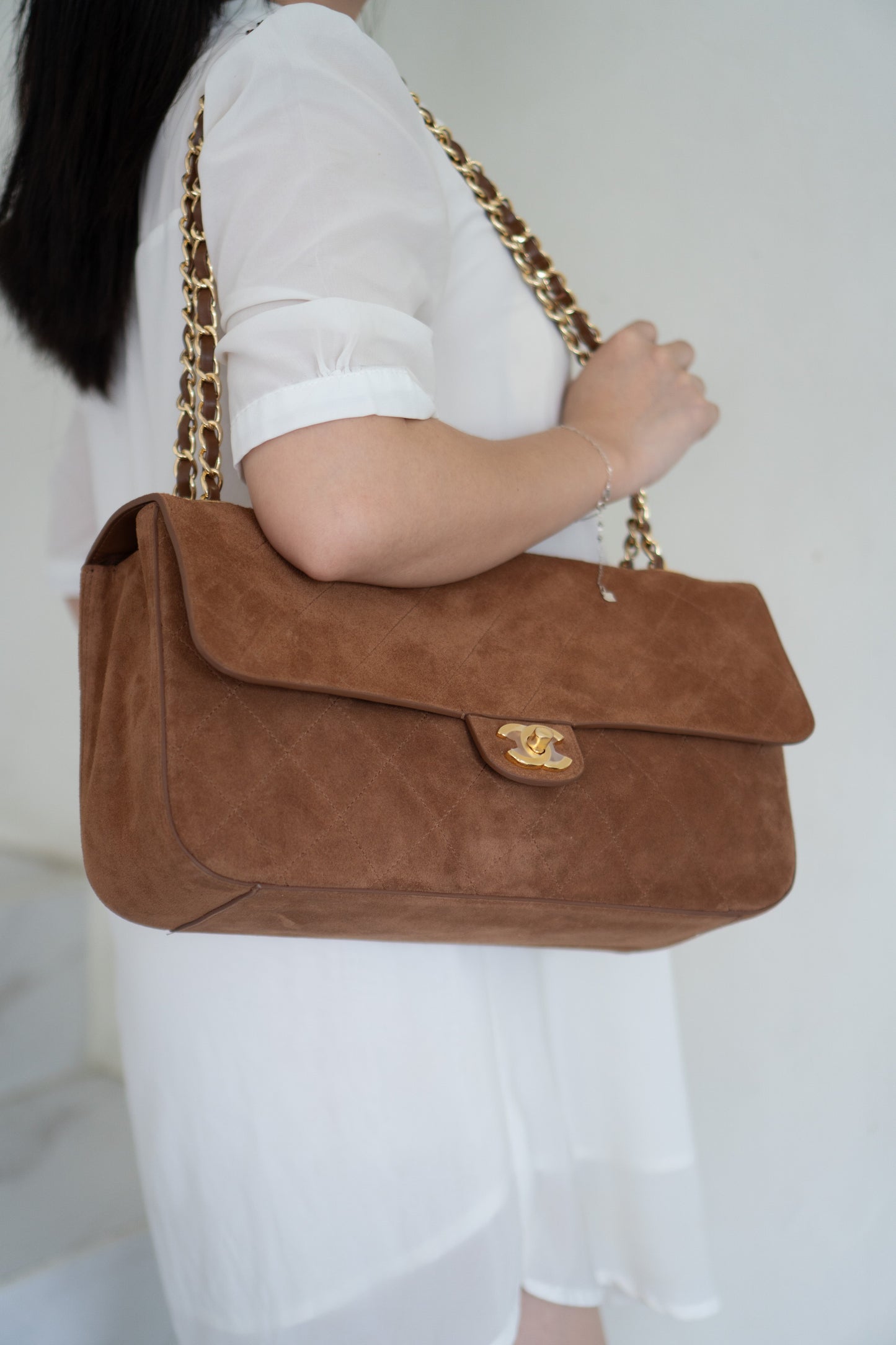 Quilted Maxi Flap Bag – Camel Suede with Gold Hardware