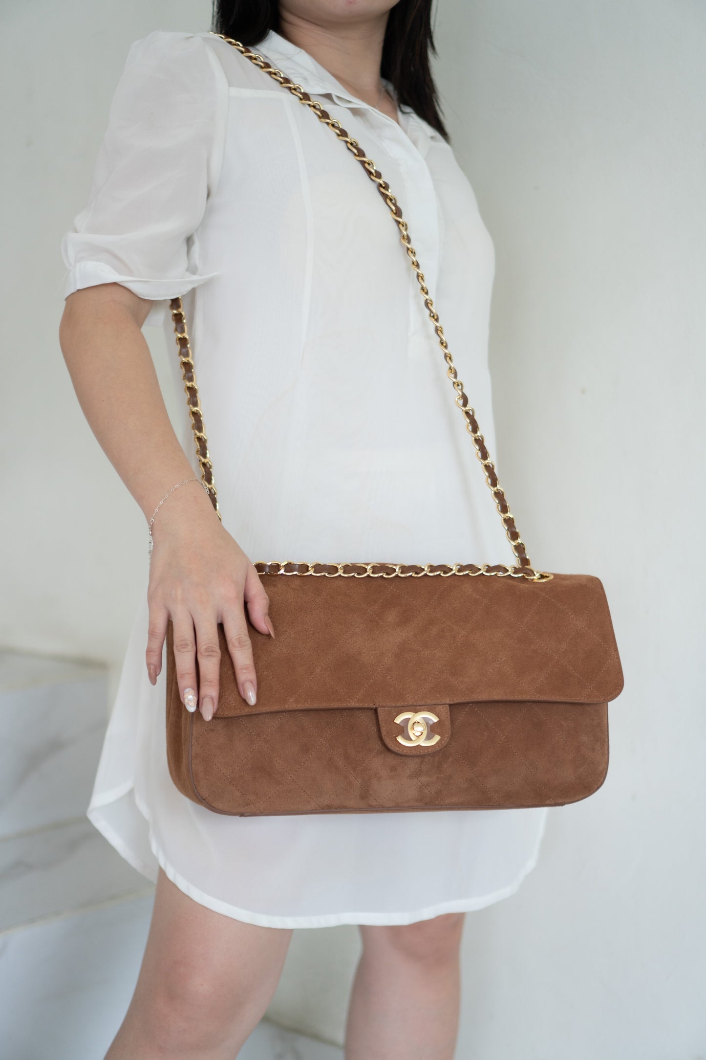 Quilted Maxi Flap Bag – Camel Suede with Gold Hardware