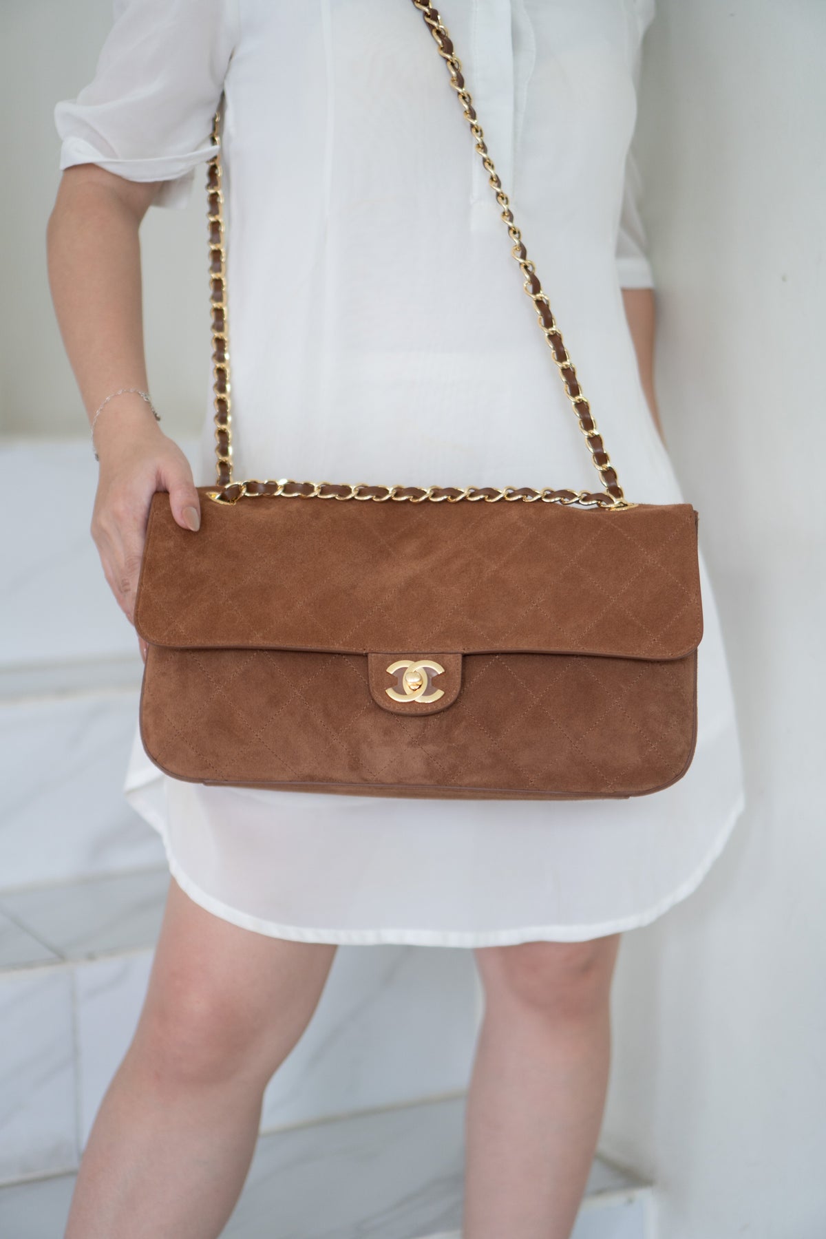 Quilted Maxi Flap Bag – Camel Suede with Gold Hardware
