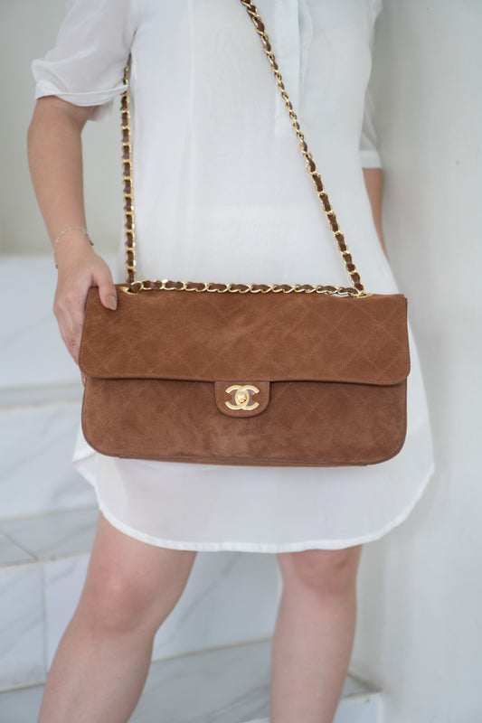 Quilted Maxi Flap Bag – Camel Suede with Gold Hardware