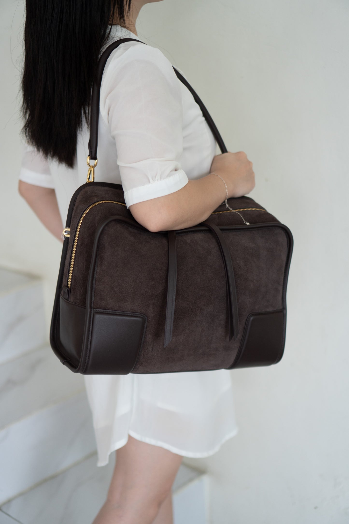 Amazona Large Suede Top Handle Bag – Dark Chocolate Brown