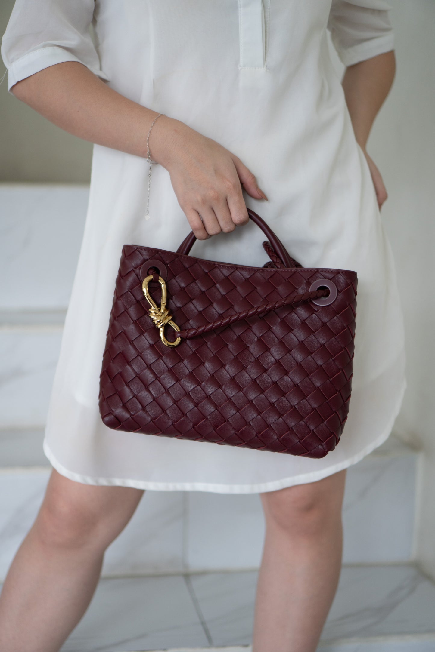 Small Woven Top Handle Bag – Burgundy Nappa Leather  Details: