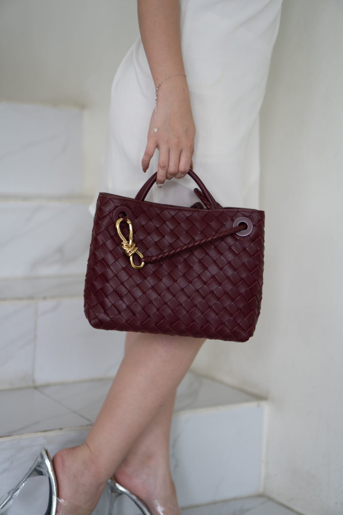 Small Woven Top Handle Bag – Burgundy Nappa Leather  Details:
