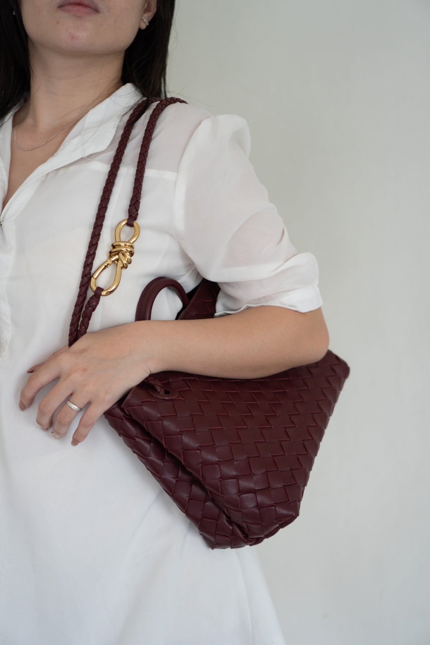 Small Woven Top Handle Bag – Burgundy Nappa Leather  Details: