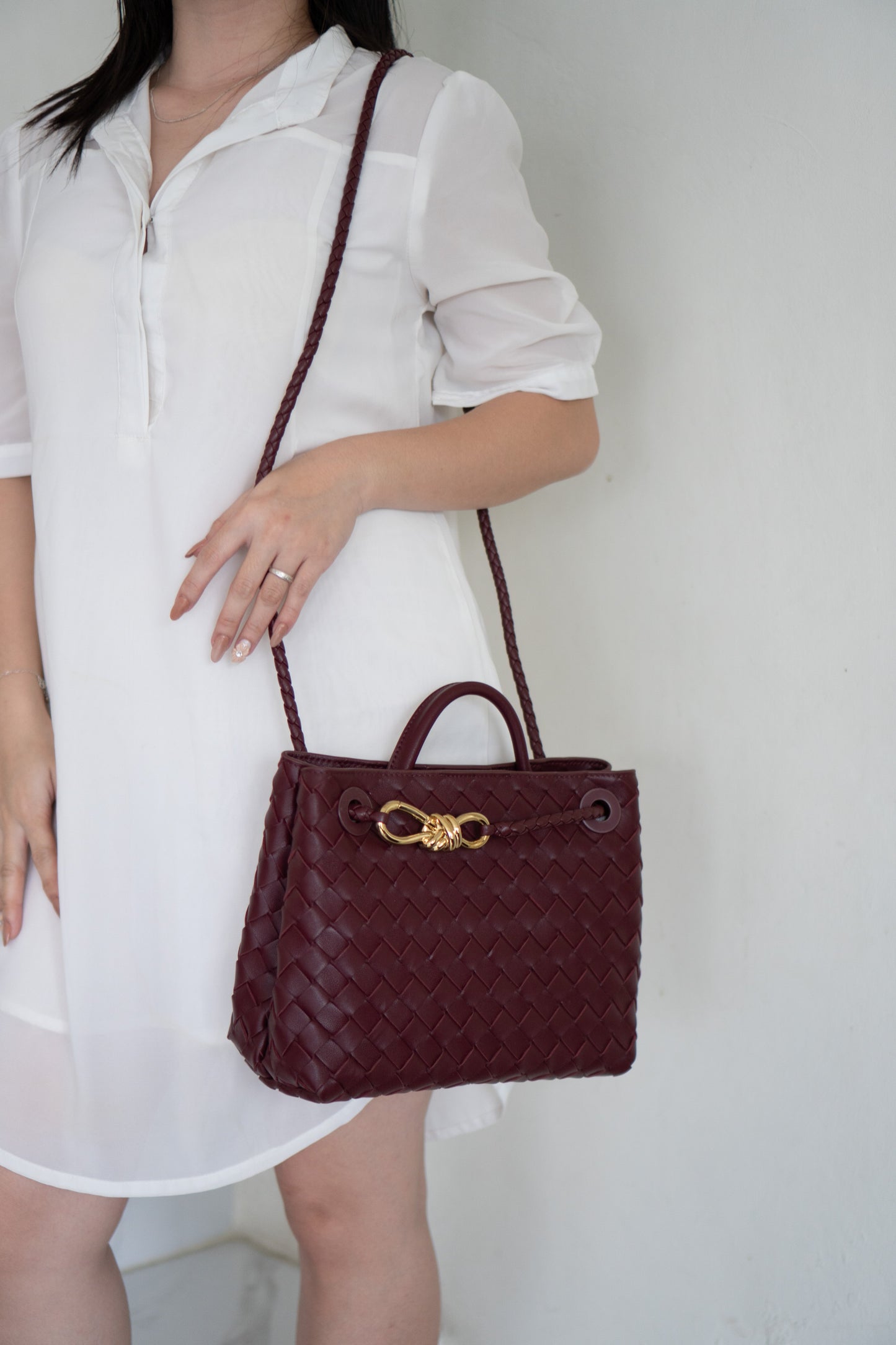 Small Woven Top Handle Bag – Burgundy Nappa Leather  Details: