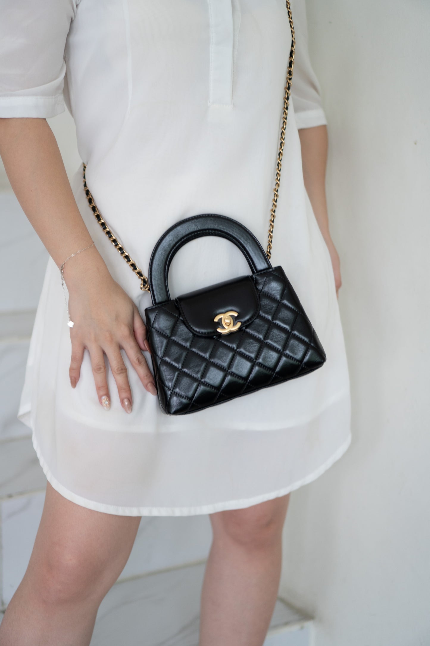 CC Kelly Quilted Top Handle Bag – Black Lambskin with Gold Hardware
