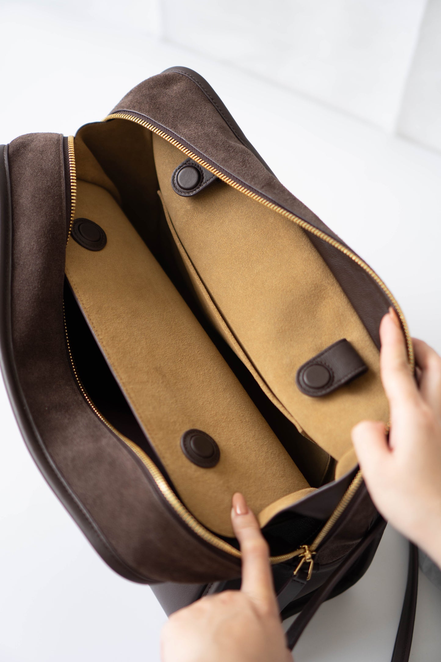 Amazona 180 Bag – Dark Brown Suede & Calfskin Leather with Gold Hardware