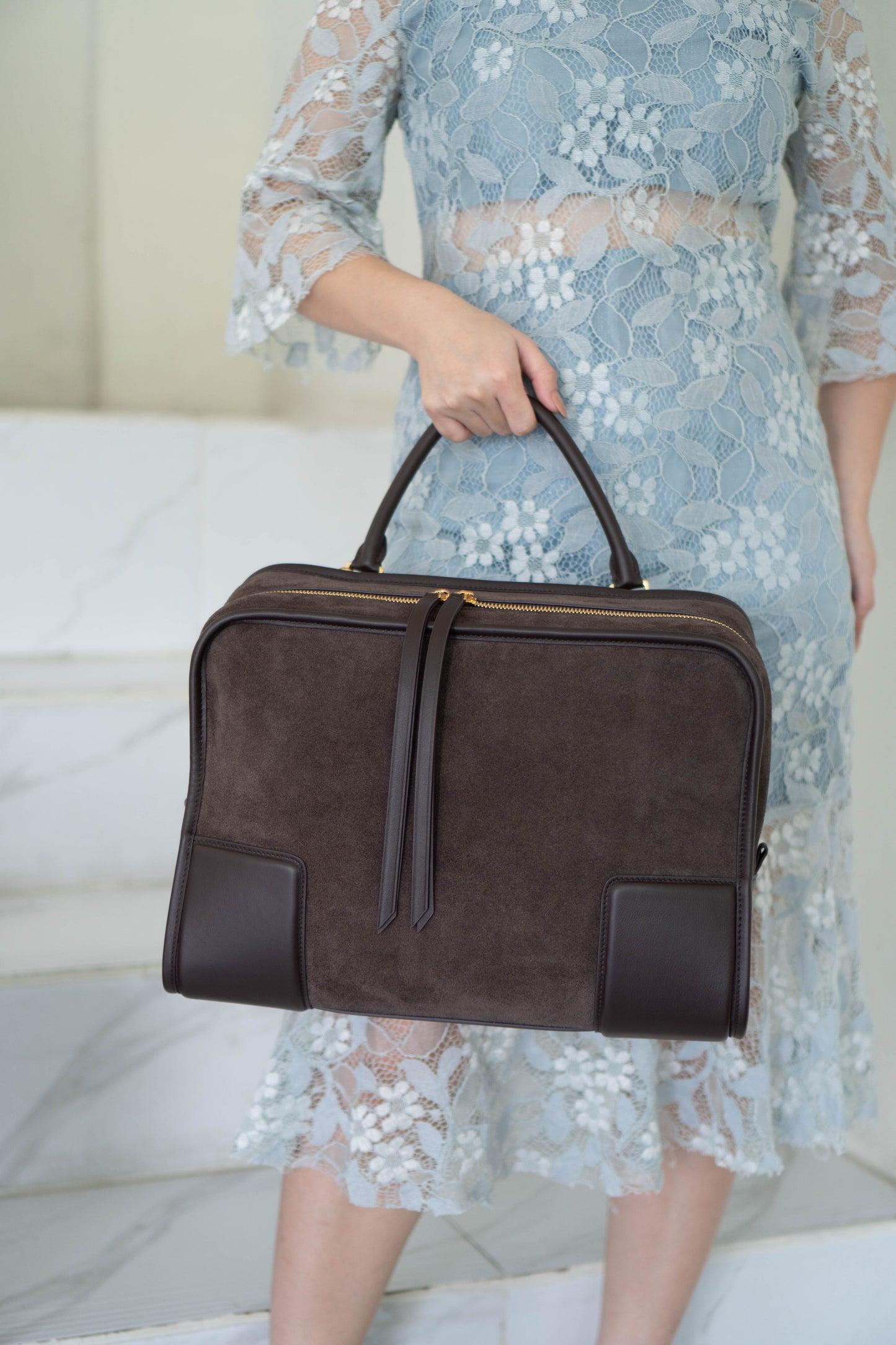 Amazona 180 Bag – Dark Brown Suede & Calfskin Leather with Gold Hardware