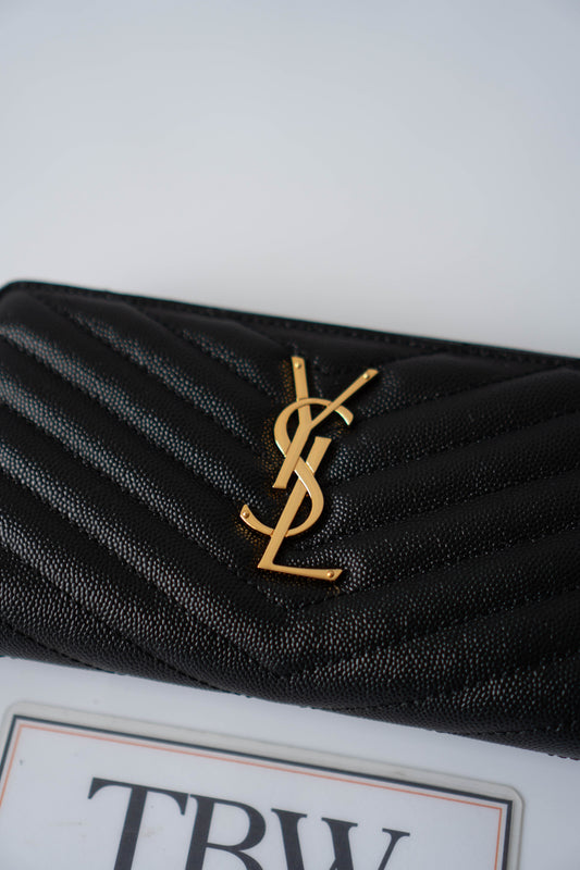 YS Monogram Zip-Around Wallet – Black Grain de Poudre Leather with Gold Hardware
