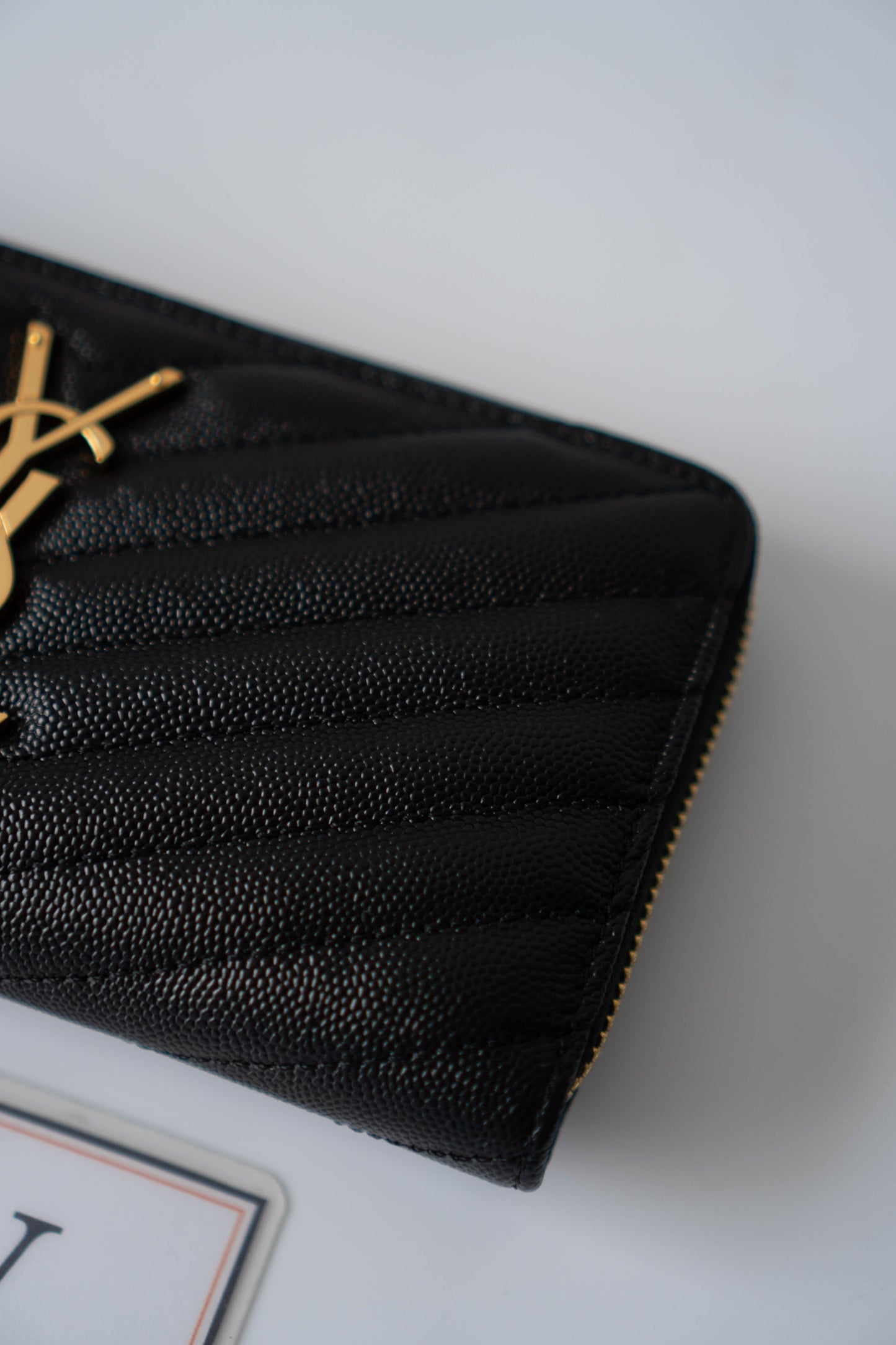 YS Monogram Zip-Around Wallet – Black Grain de Poudre Leather with Gold Hardware