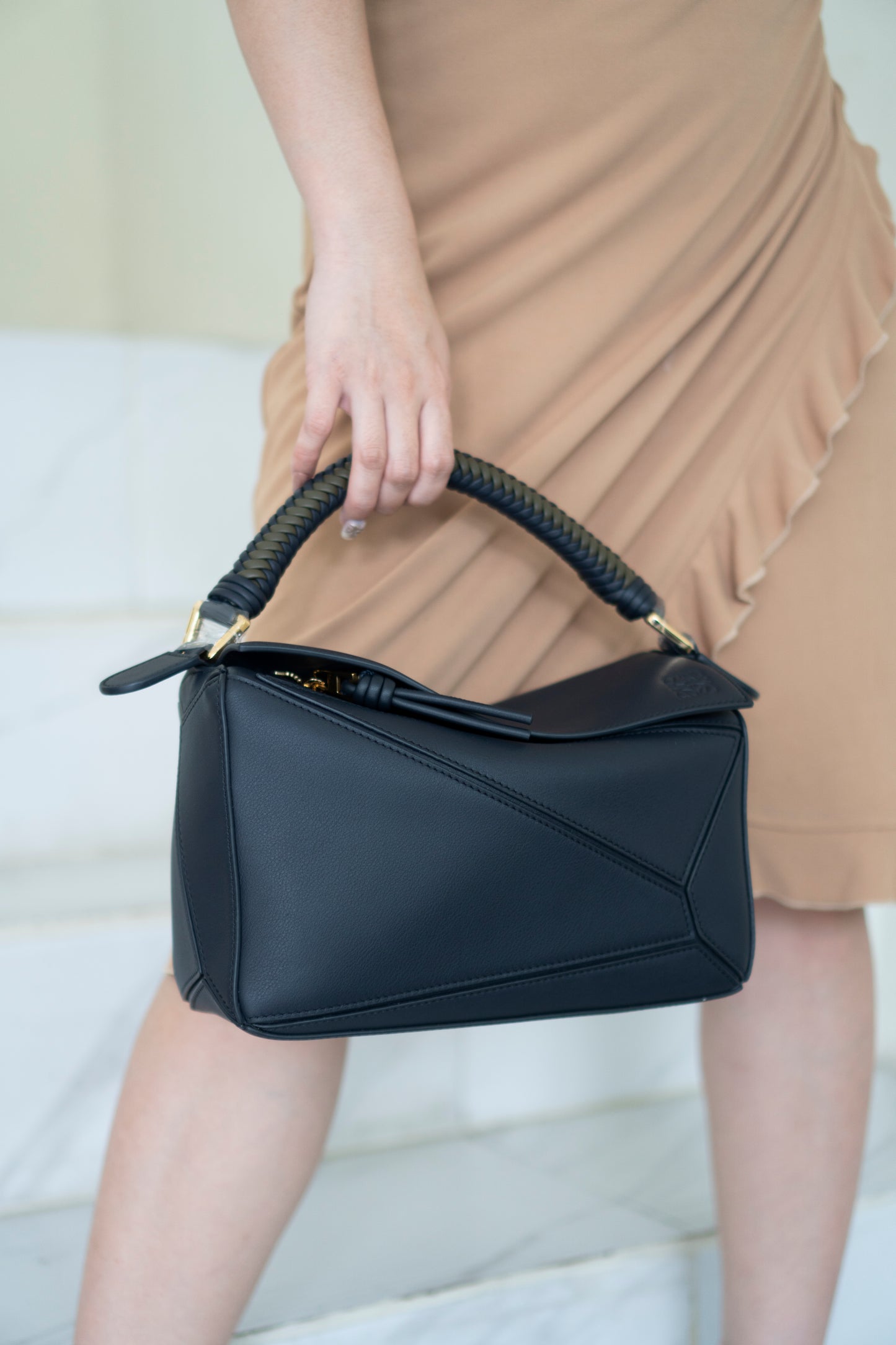 Puzzle Bag with Woven Top Handle in Dark Ink / Dark Khaki