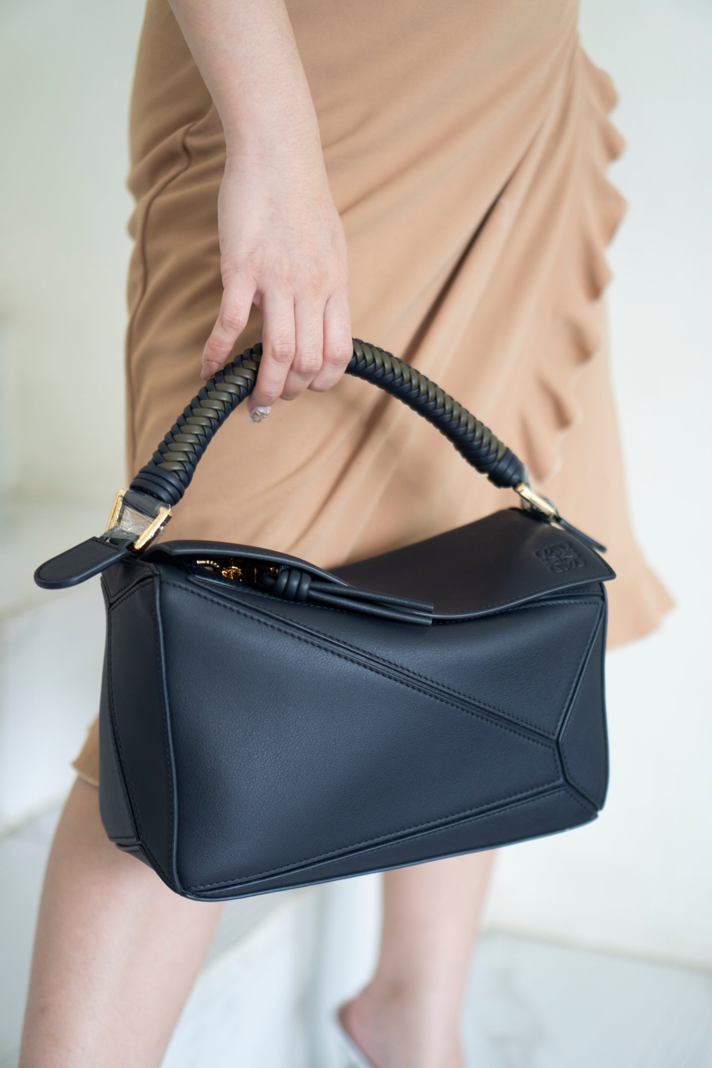 Puzzle Bag with Woven Top Handle in Dark Ink / Dark Khaki